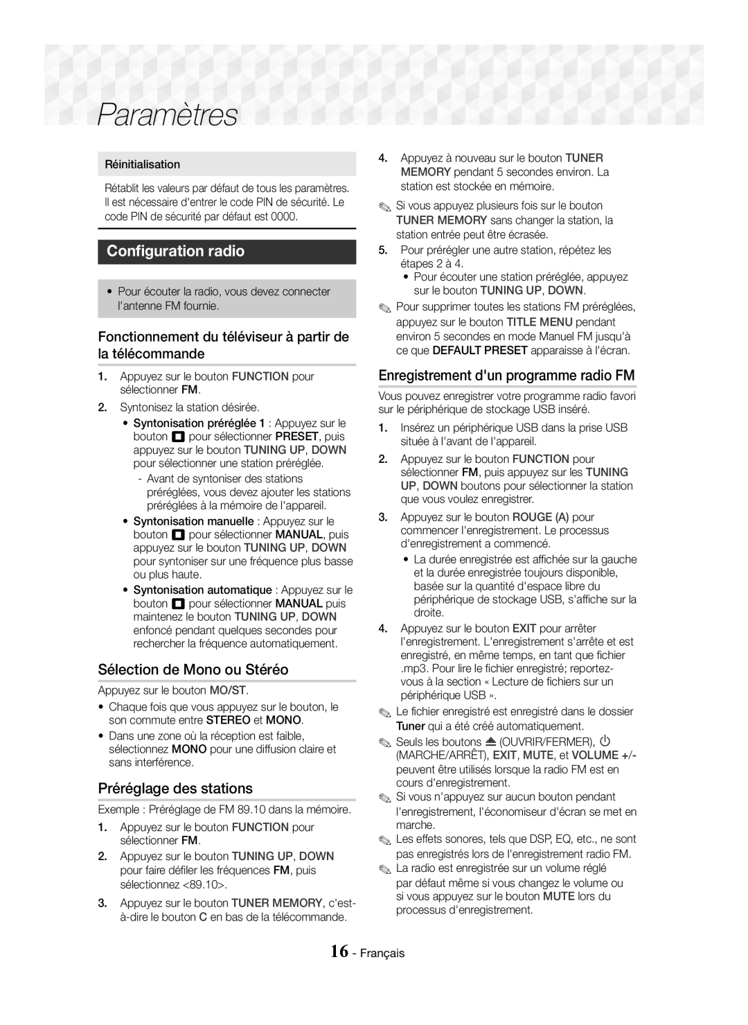 Samsung HT-J5150/TK, HT-J5150/EN, HT-J5150/ZF Configuration radio, Sélection de Mono ou Stéréo, Préréglage des stations 