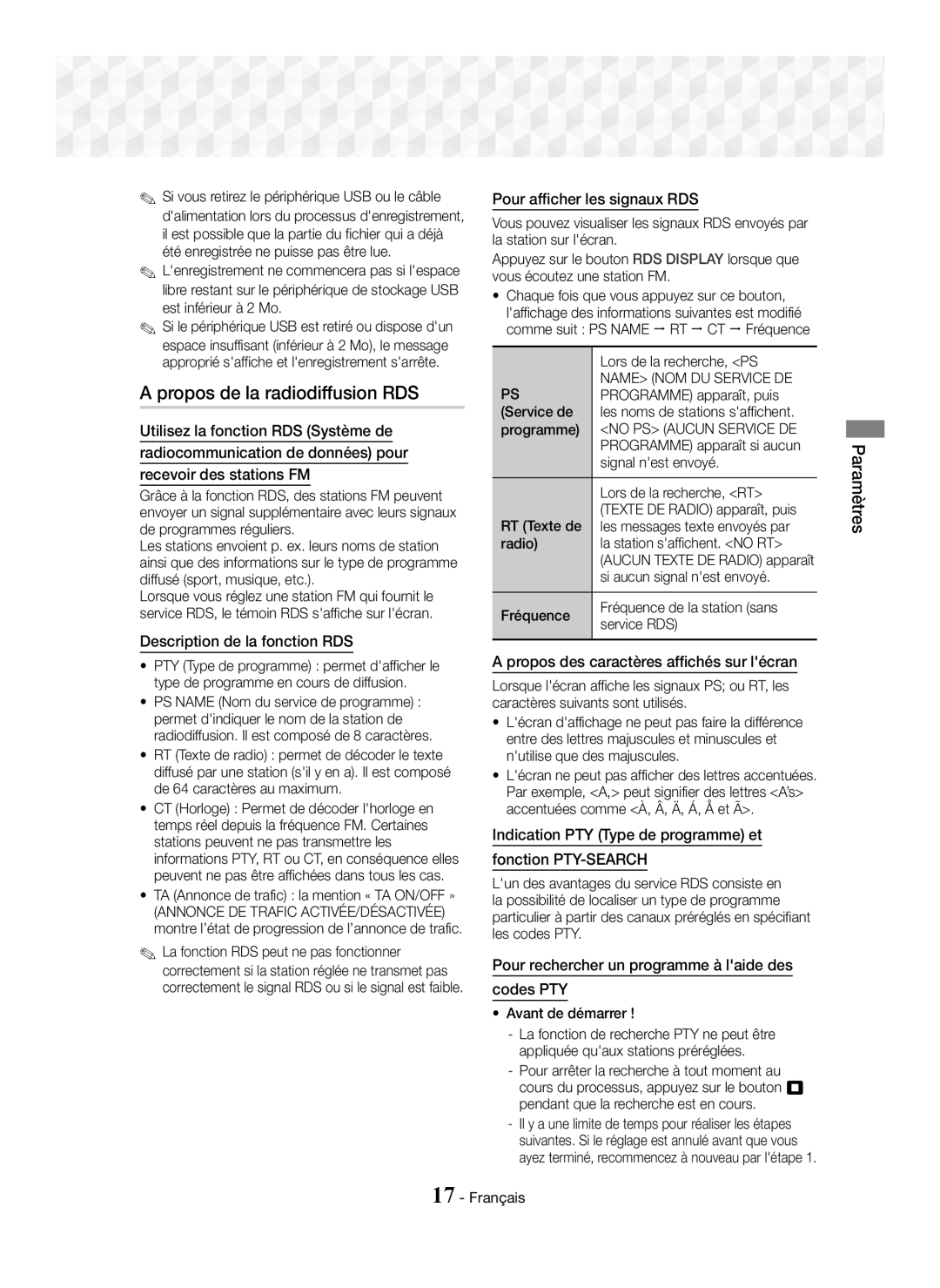 Samsung HT-J5150/EN, HT-J5150/TK, HT-J5150/ZF manual Propos de la radiodiffusion RDS 