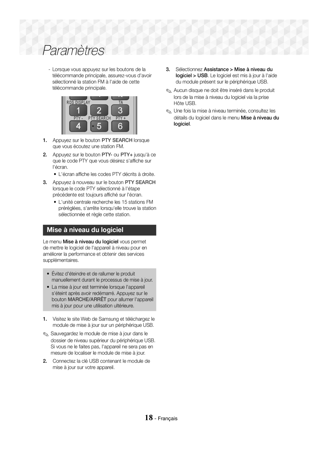 Samsung HT-J5150/ZF, HT-J5150/TK, HT-J5150/EN manual Mise à niveau du logiciel, Lécran affiche les codes PTY décrits à droite 