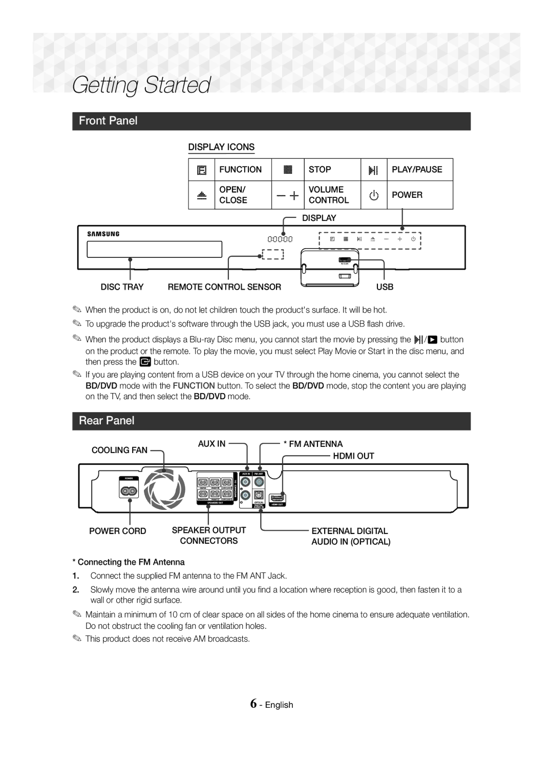 Samsung HT-J5150/TK, HT-J5150/EN, HT-J5150/ZF manual Getting Started, Front Panel, Rear Panel, Usb 