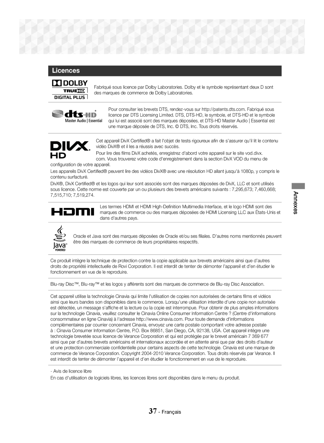 Samsung HT-J5150/TK, HT-J5150/EN, HT-J5150/ZF manual Licences 