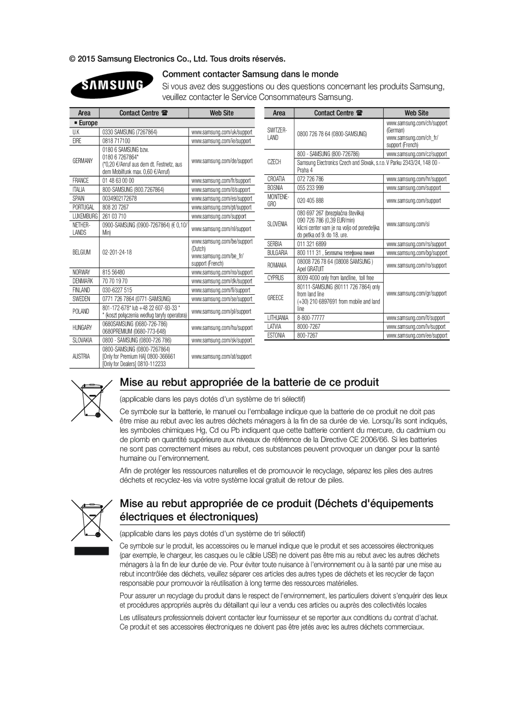 Samsung HT-J5150/EN manual Mise au rebut appropriée de la batterie de ce produit, Comment contacter Samsung dans le monde 