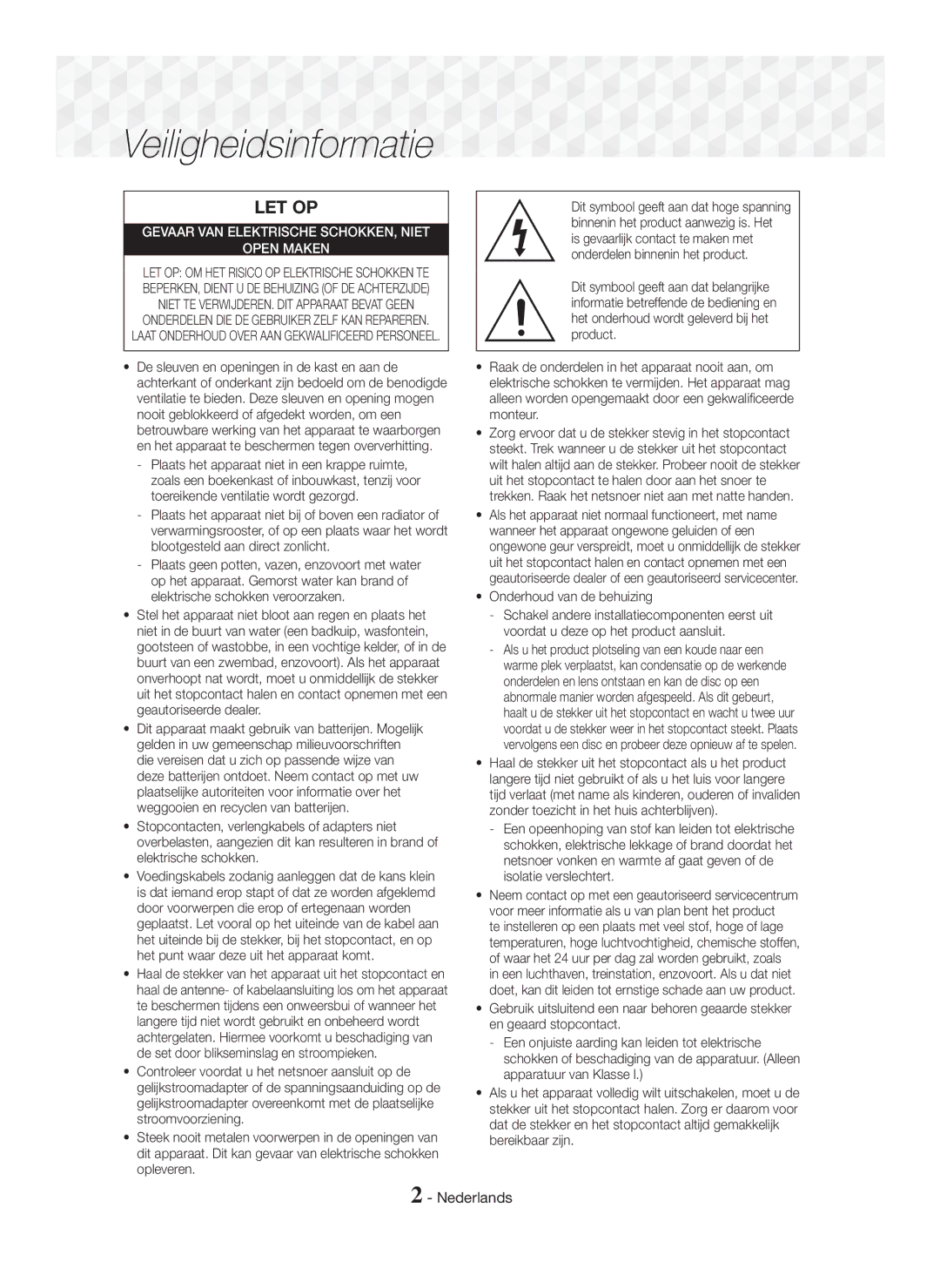 Samsung HT-J5150/TK, HT-J5150/EN, HT-J5150/ZF manual Veiligheidsinformatie, Nederlands 