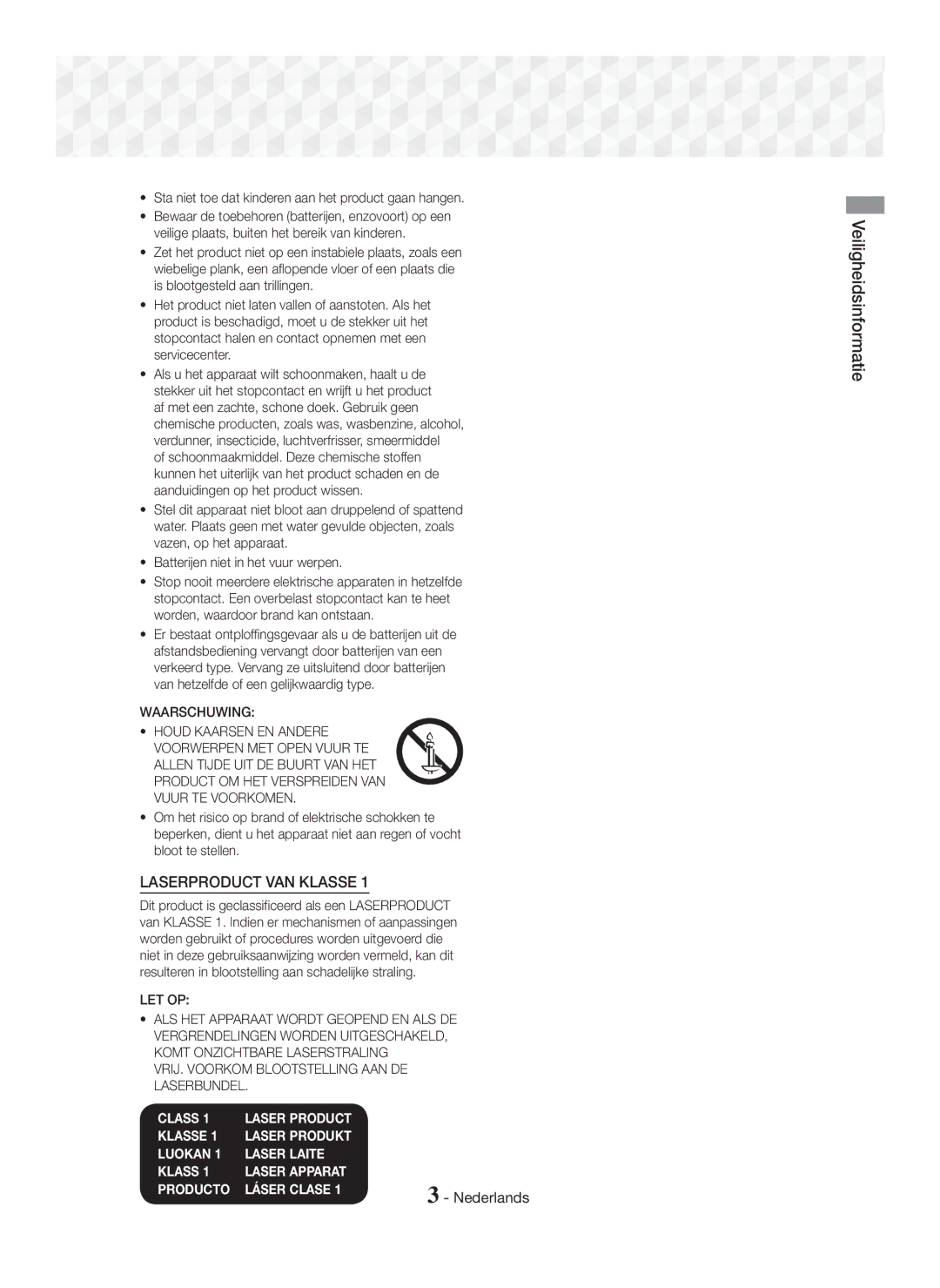 Samsung HT-J5150/EN, HT-J5150/TK, HT-J5150/ZF manual Laserproduct VAN Klasse 