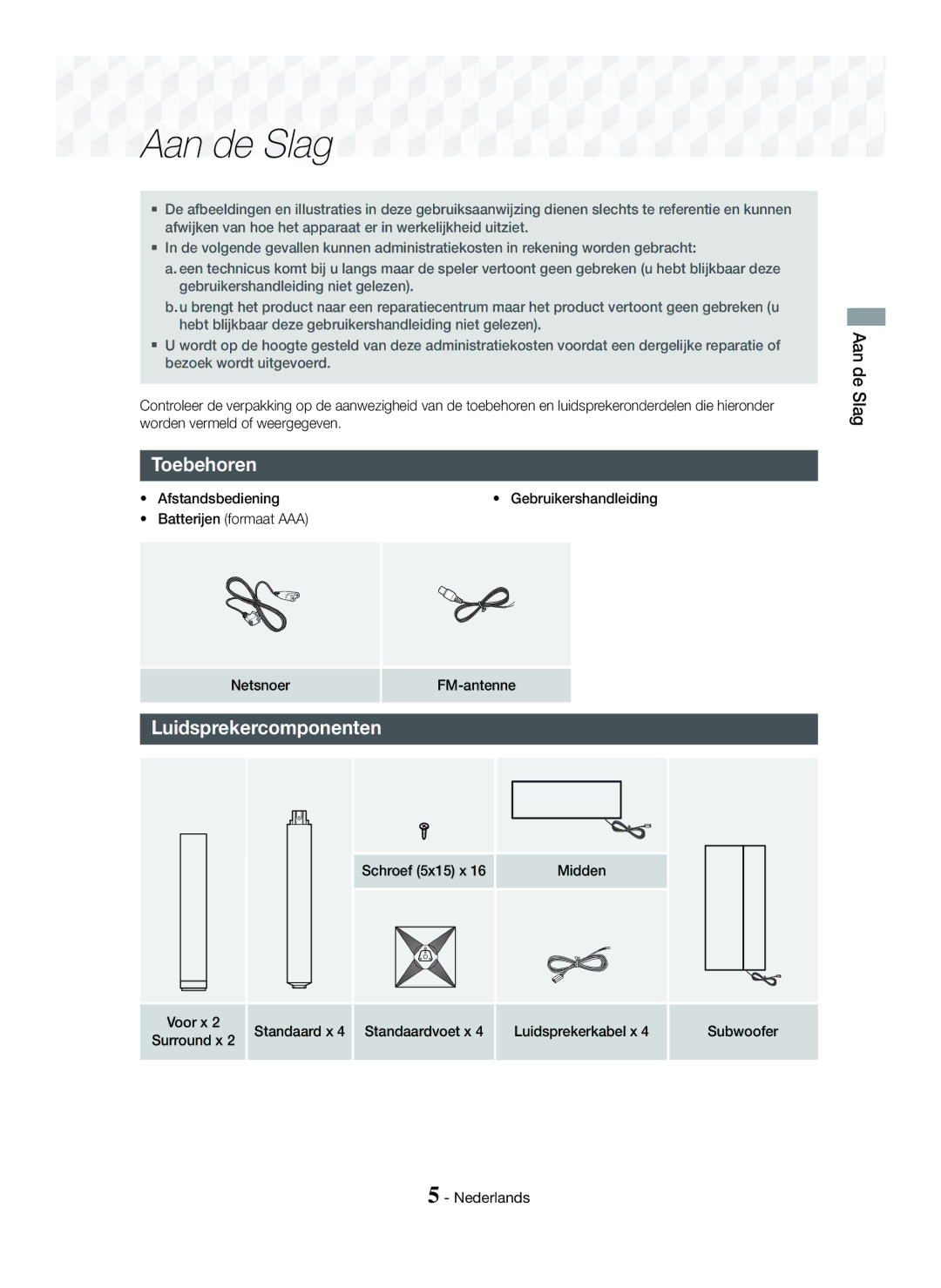 Samsung HT-J5150/TK, HT-J5150/EN manual Toebehoren, Luidsprekercomponenten, Batterijen formaat AAA Netsnoer FM-antenne 