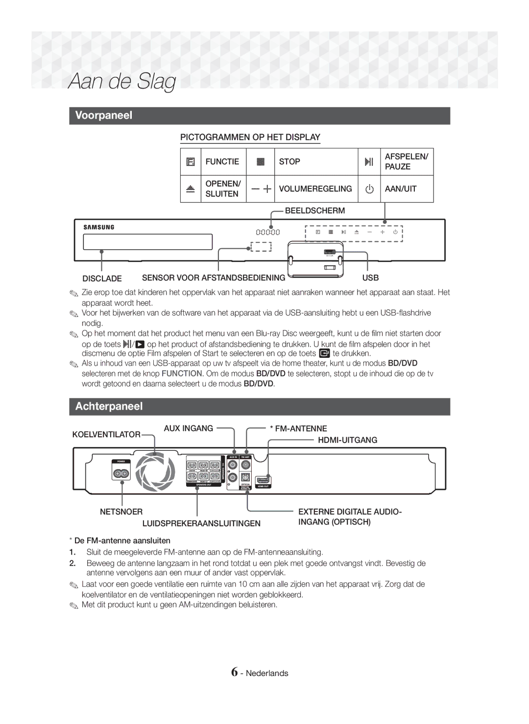 Samsung HT-J5150/EN, HT-J5150/TK, HT-J5150/ZF manual Voorpaneel, Achterpaneel 