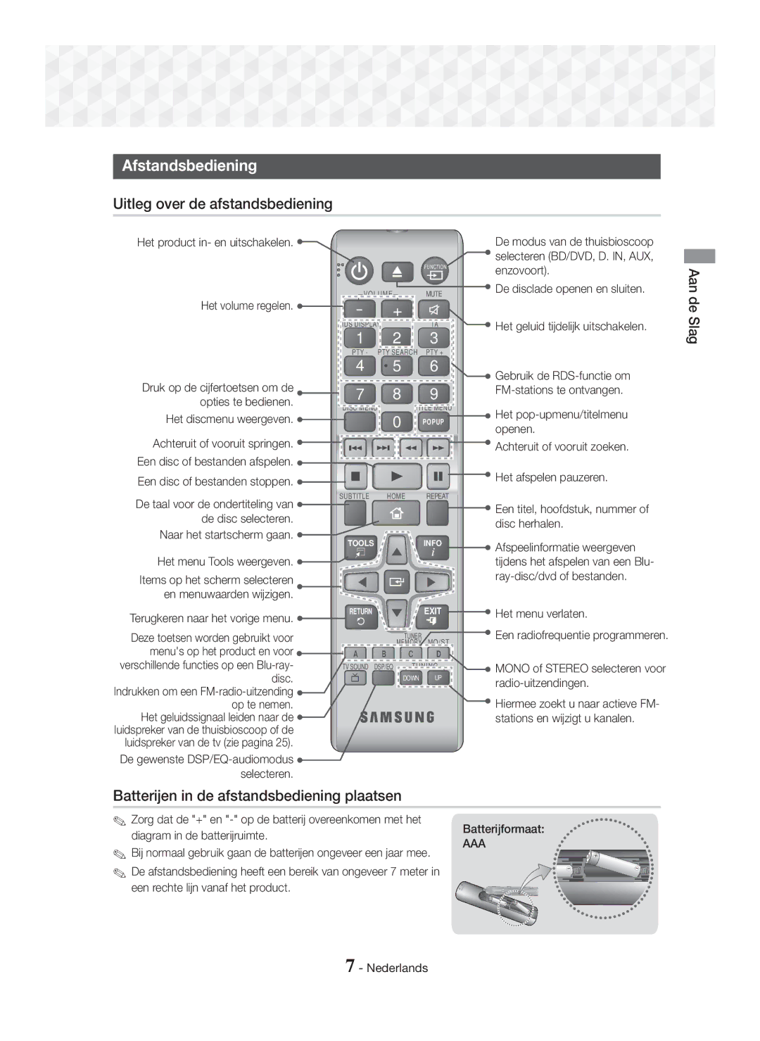 Samsung HT-J5150/ZF manual Afstandsbediening, Uitleg over de afstandsbediening, Batterijen in de afstandsbediening plaatsen 