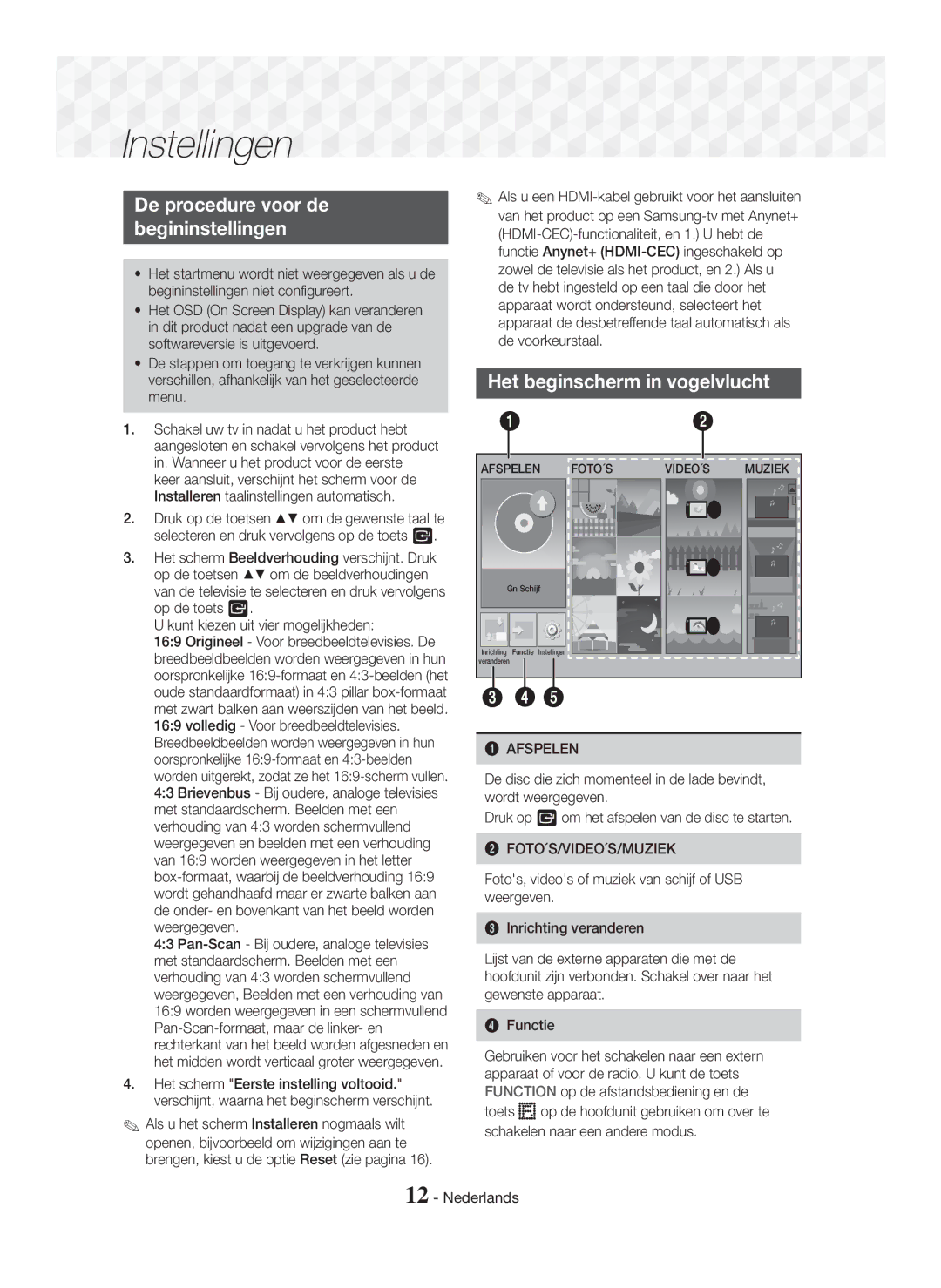 Samsung HT-J5150/EN, HT-J5150/TK, HT-J5150/ZF manual De procedure voor de Begininstellingen, Het beginscherm in vogelvlucht 