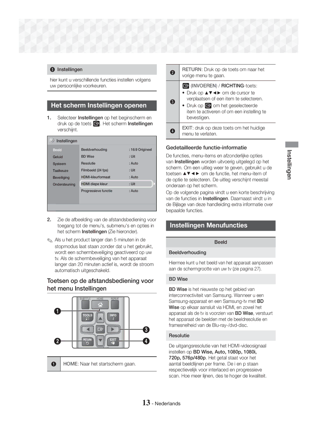 Samsung HT-J5150/ZF manual Het scherm Instellingen openen, Toetsen op de afstandsbediening voor het menu Instellingen 