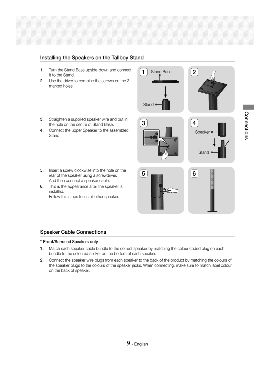 Samsung HT-J5150/TK, HT-J5150/EN, HT-J5150/ZF manual Installing the Speakers on the Tallboy Stand, Speaker Cable Connections 