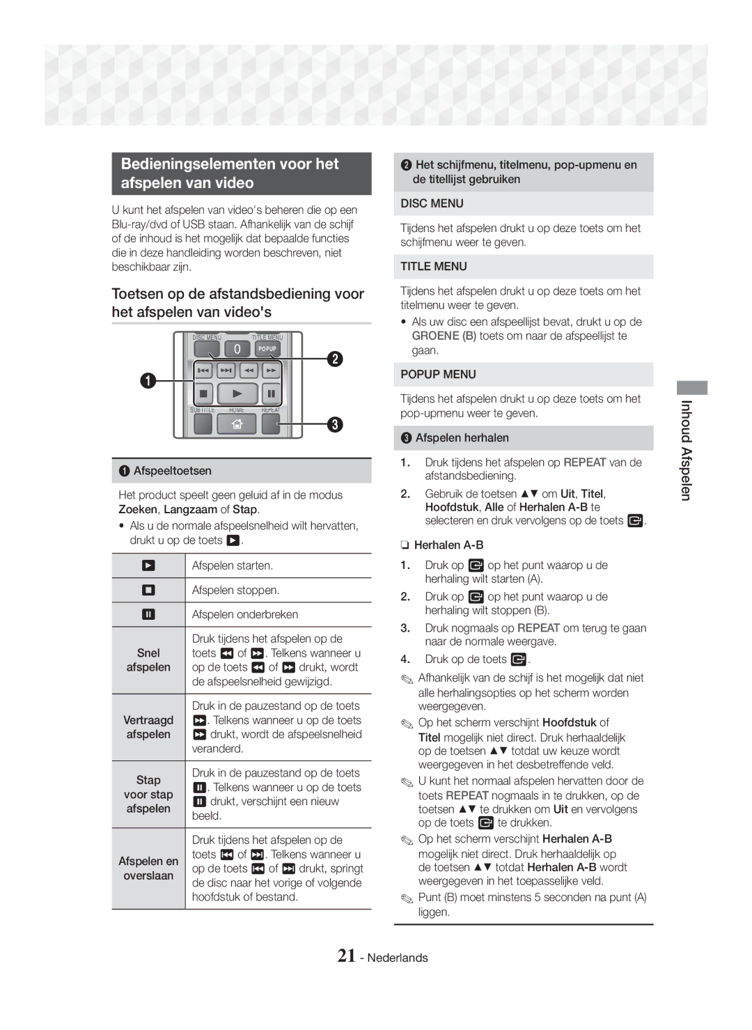 Samsung HT-J5150/EN, HT-J5150/TK, HT-J5150/ZF manual Bedieningselementen voor het Afspelen van video 