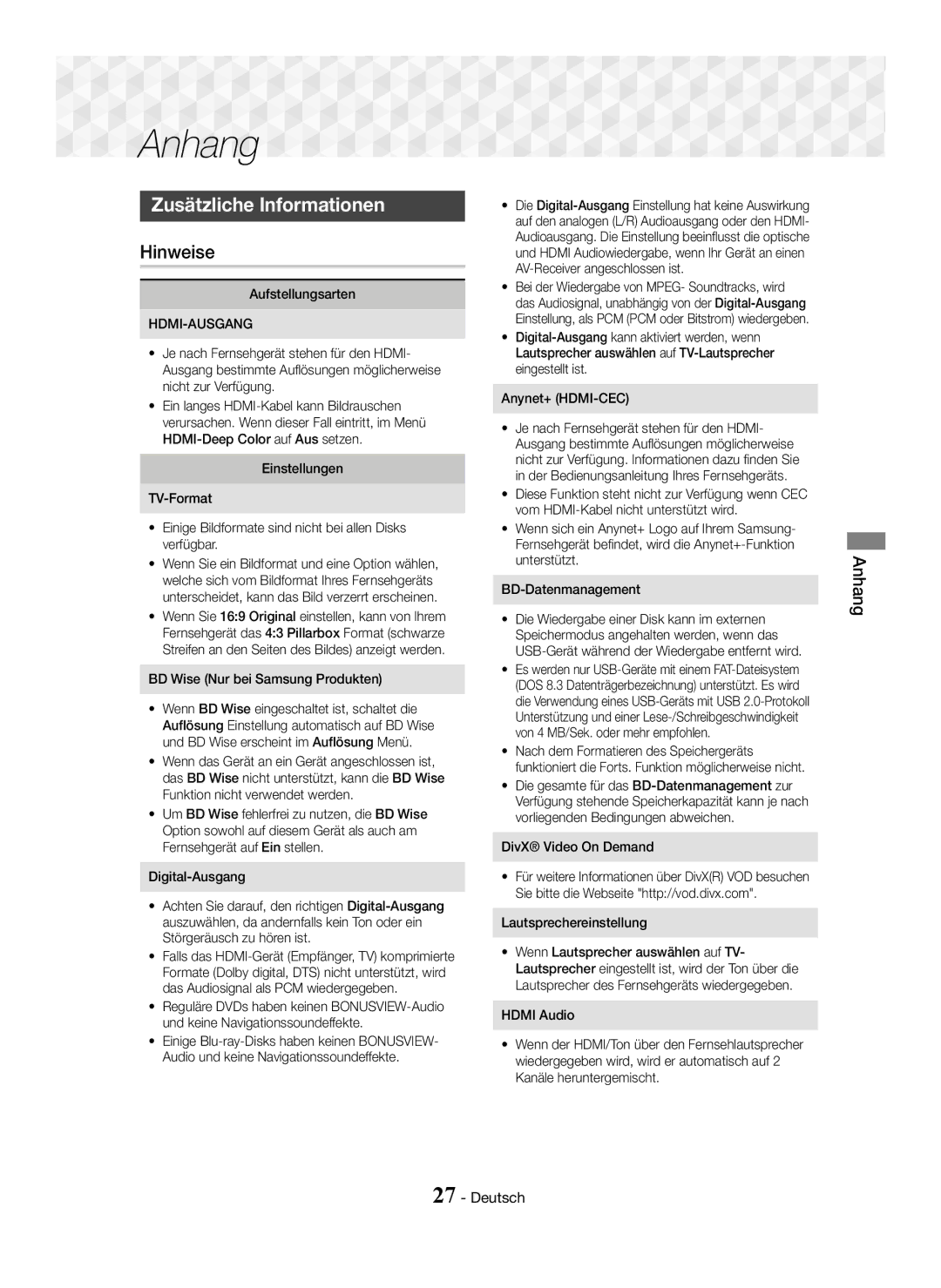 Samsung HT-J5150/ZF, HT-J5150/TK, HT-J5150/EN manual Anhang, Zusätzliche Informationen, Hinweise 