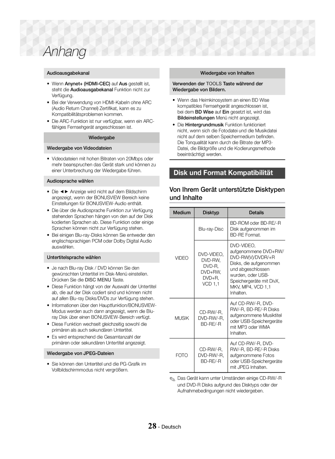 Samsung HT-J5150/TK manual Disk und Format Kompatibilität, Von Ihrem Gerät unterstützte Disktypen und Inhalte, Dvd-Video 