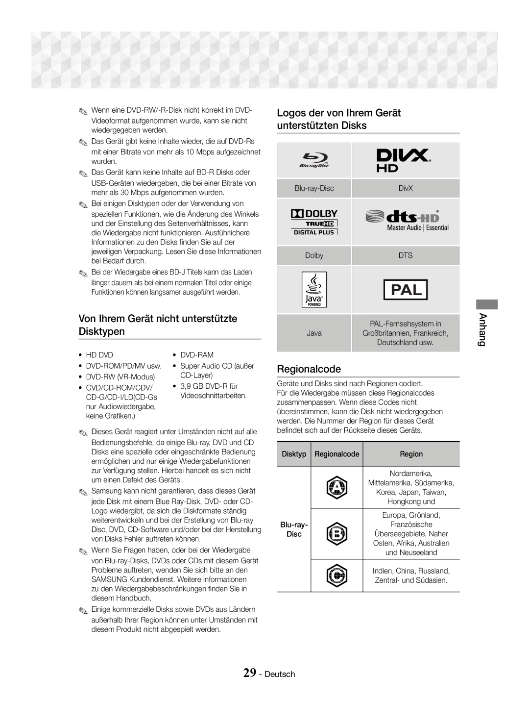 Samsung HT-J5150/EN manual Regionalcode, Blu-ray-Disc, DVD-ROM/PD/MV usw DVD-RW VR-Modus, Super Audio CD außer CD-Layer 