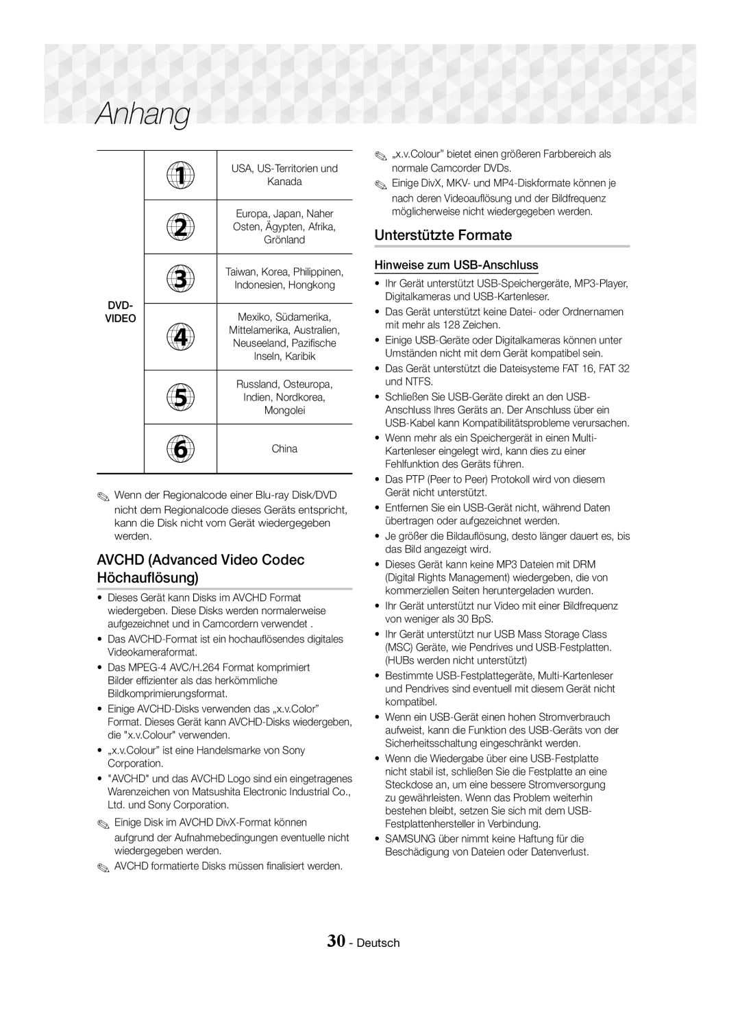 Samsung HT-J5150/ZF manual Avchd Advanced Video Codec Höchauflösung, Unterstützte Formate, Hinweise zum USB-Anschluss 
