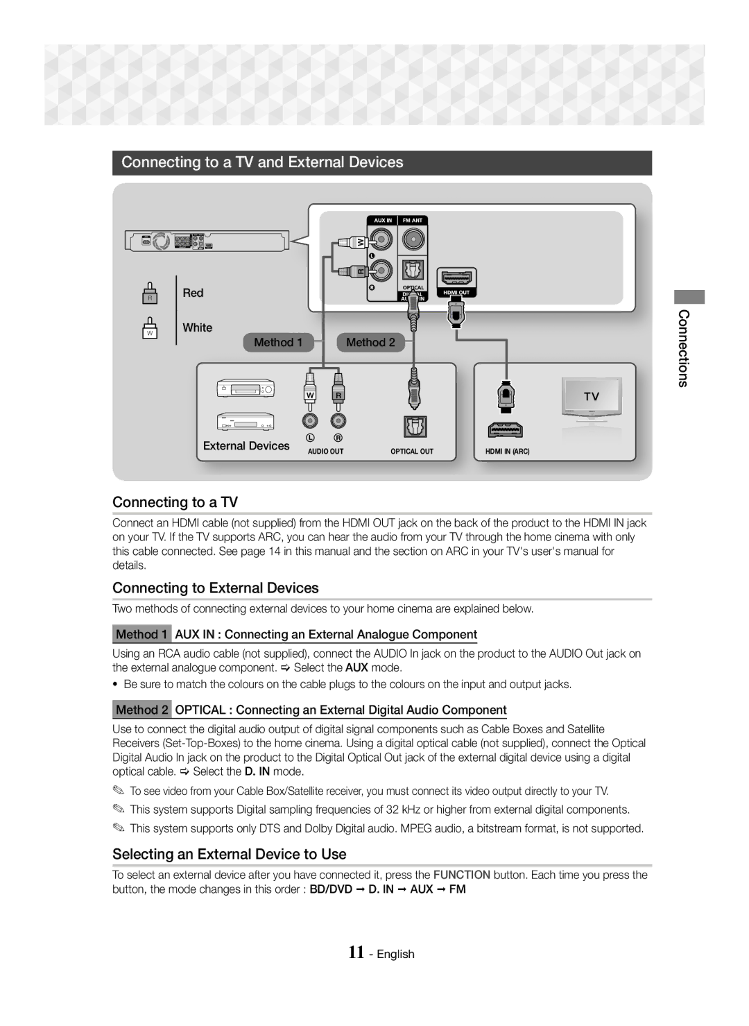 Samsung HT-J5150/ZF, HT-J5150/TK, HT-J5150/EN manual Connecting to a TV and External Devices, Connecting to External Devices 