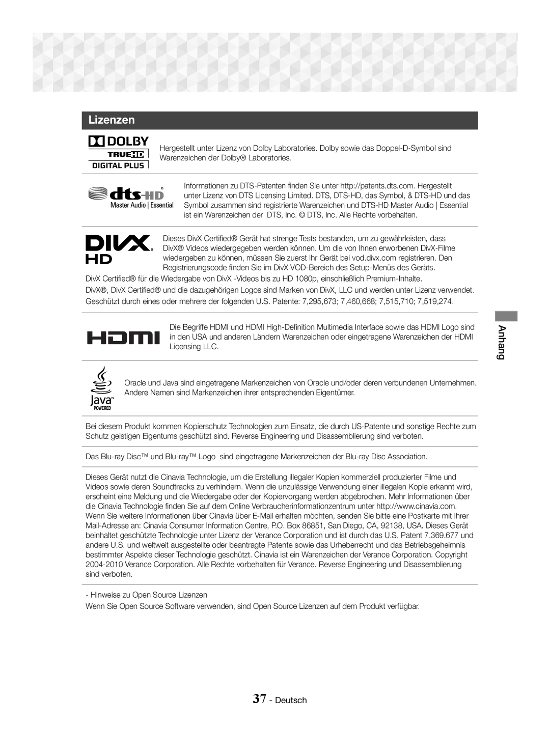 Samsung HT-J5150/TK, HT-J5150/EN, HT-J5150/ZF manual Lizenzen 