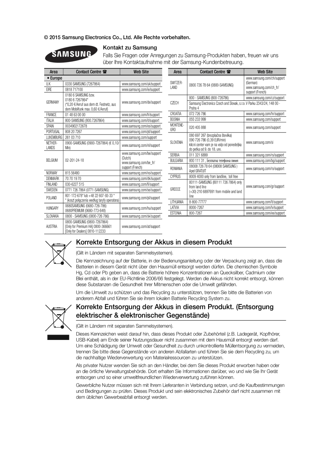 Samsung HT-J5150/EN, HT-J5150/TK, HT-J5150/ZF manual Korrekte Entsorgung der Akkus in diesem Produkt, Kontakt zu Samsung 