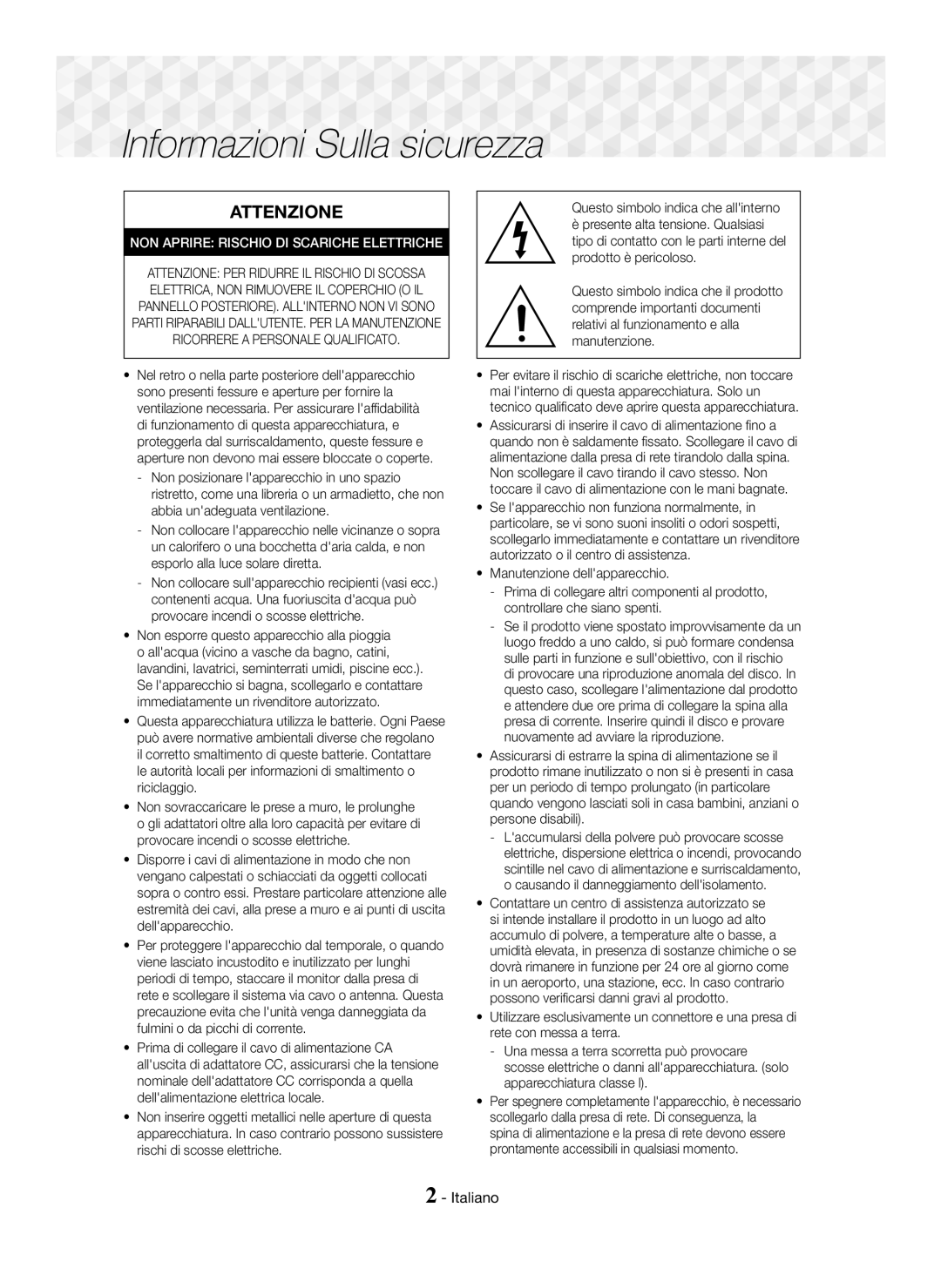 Samsung HT-J5150/TK, HT-J5150/EN, HT-J5150/ZF manual Informazioni Sulla sicurezza, Italiano 