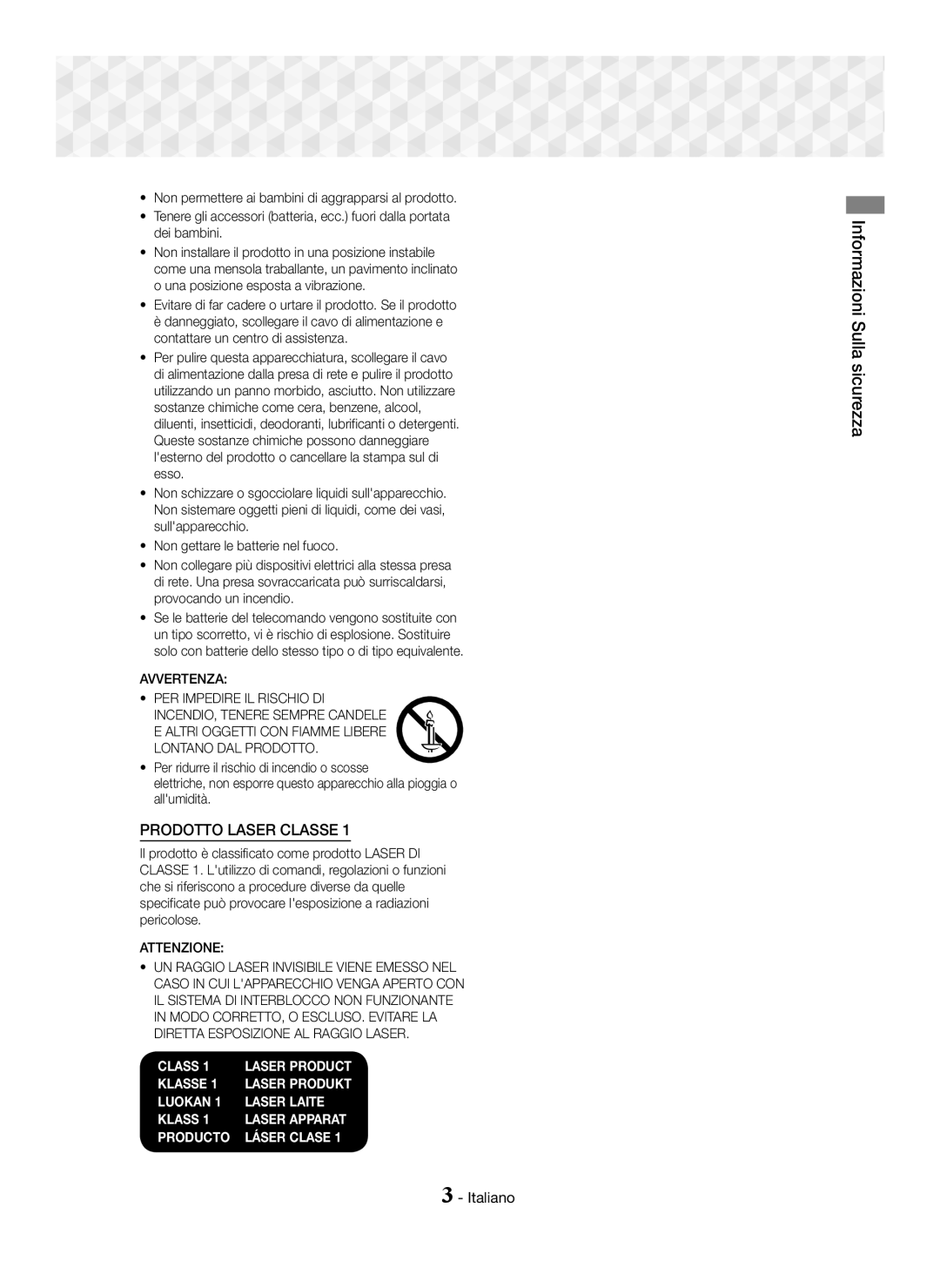 Samsung HT-J5150/EN, HT-J5150/TK, HT-J5150/ZF manual Informazioni Sulla sicurezza, Attenzione 