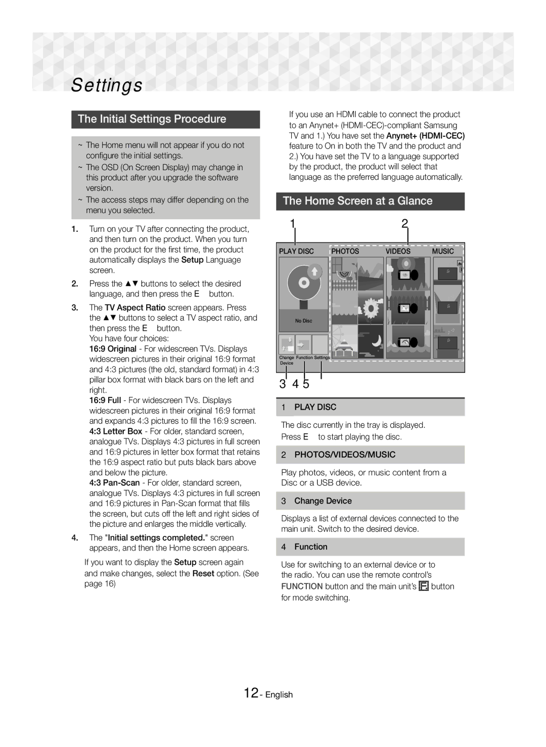 Samsung HT-J5150/TK manual Initial Settings Procedure, Home Screen at a Glance, Play Disc, Photos/Videos/Music, Function 