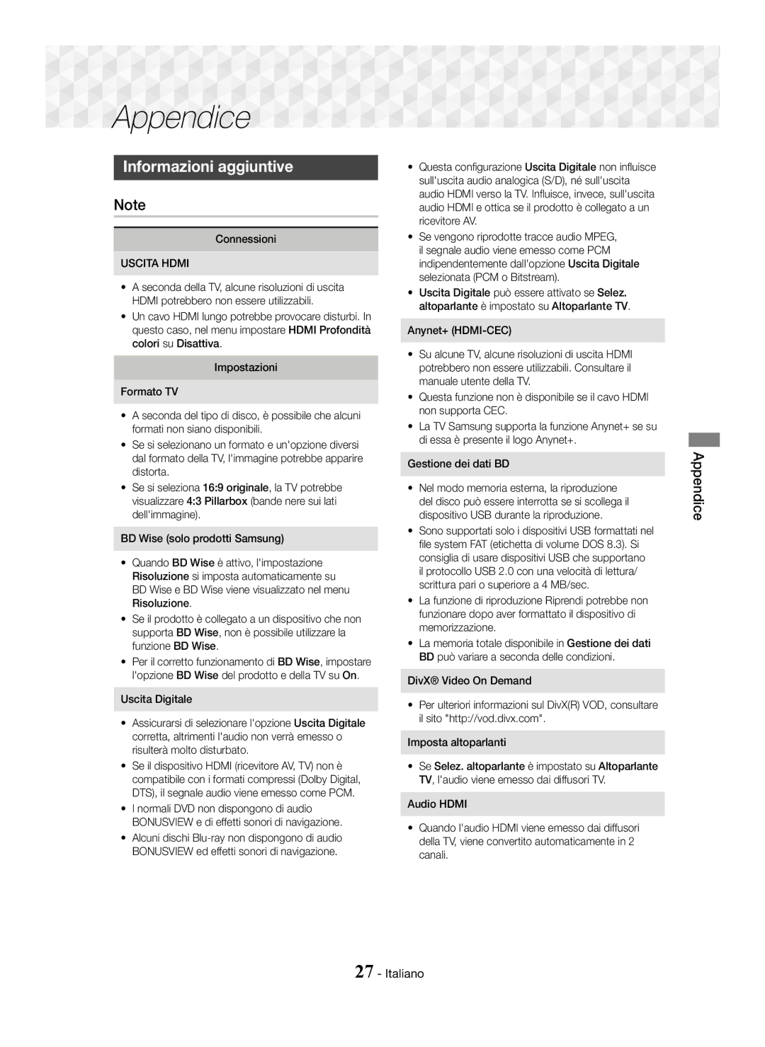 Samsung HT-J5150/EN, HT-J5150/TK, HT-J5150/ZF manual Informazioni aggiuntive, Appendice, Connessioni 