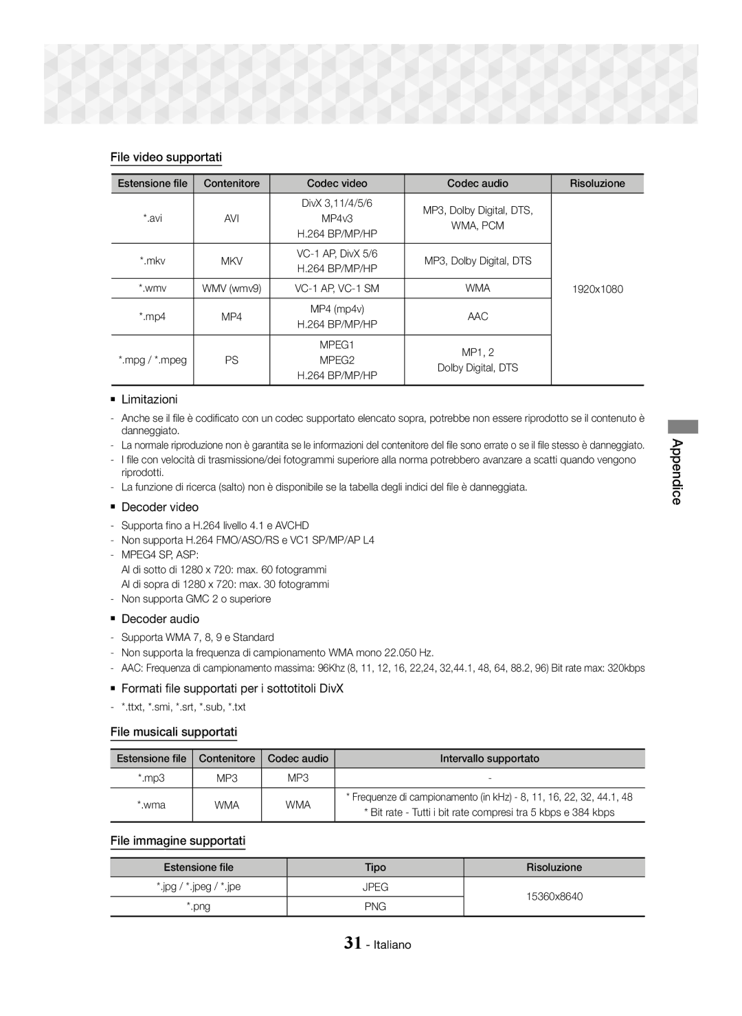 Samsung HT-J5150/ZF manual File video supportati,  Limitazioni,  Decoder video,  Decoder audio, File musicali supportati 