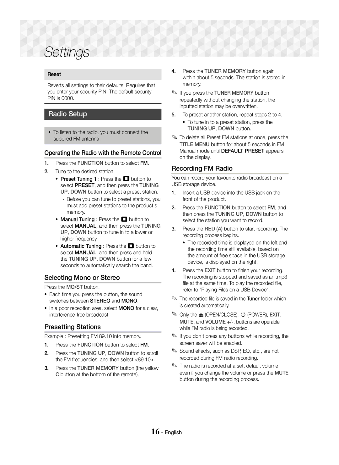 Samsung HT-J5150/EN, HT-J5150/TK manual Radio Setup, Selecting Mono or Stereo, Presetting Stations, Recording FM Radio 