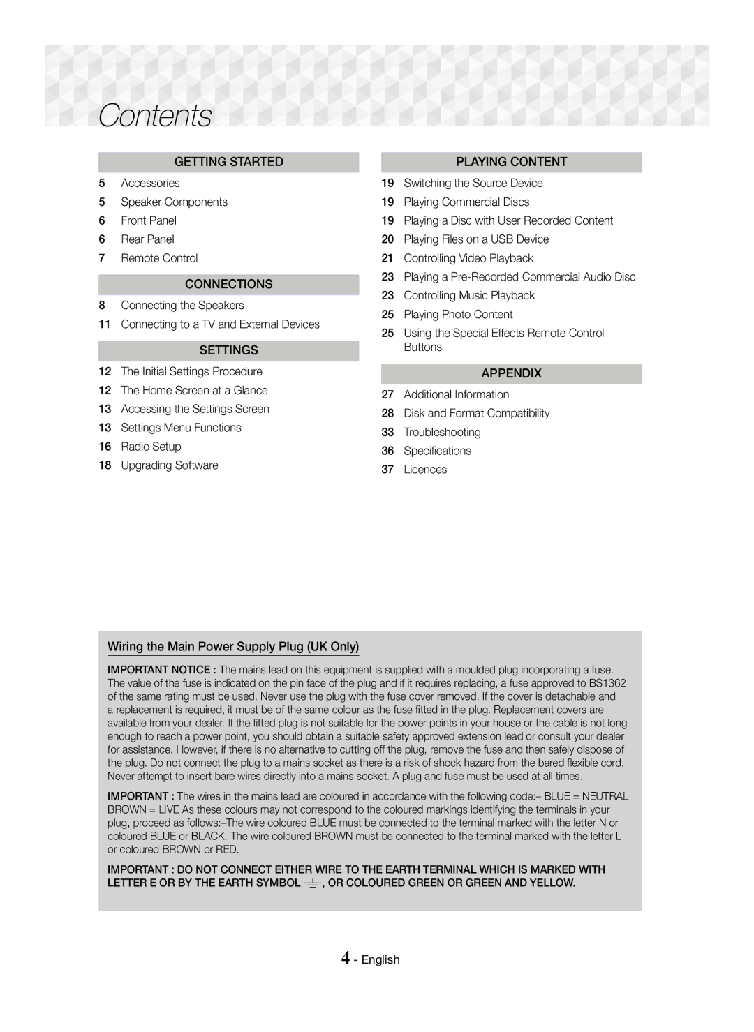 Samsung HT-J5150/EN, HT-J5150/TK, HT-J5150/ZF manual Contents 