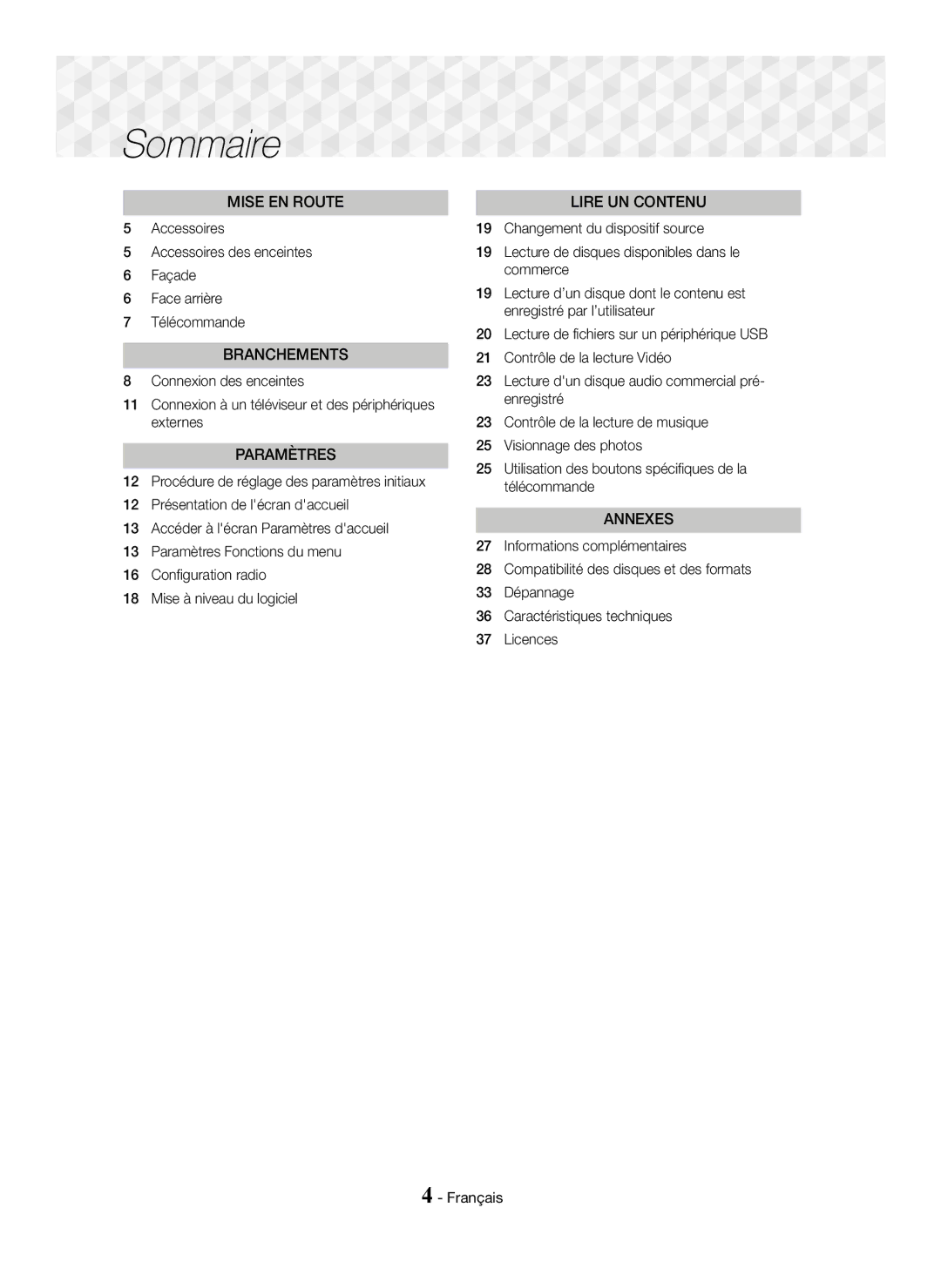 Samsung HT-J5150/EN, HT-J5150/TK, HT-J5150/ZF manual Sommaire, Paramètres 