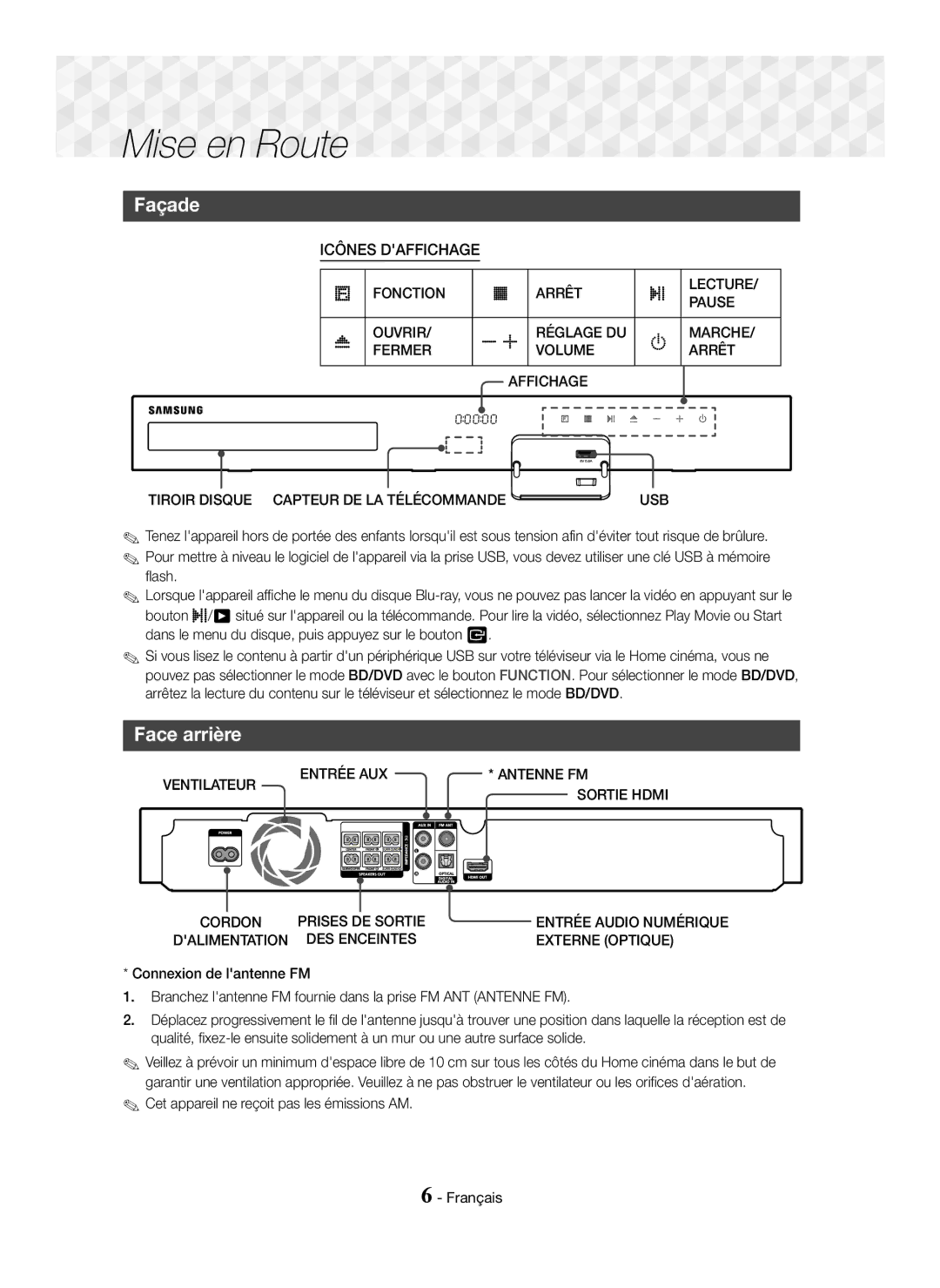 Samsung HT-J5150/TK, HT-J5150/EN, HT-J5150/ZF manual Mise en Route, Façade, Face arrière 