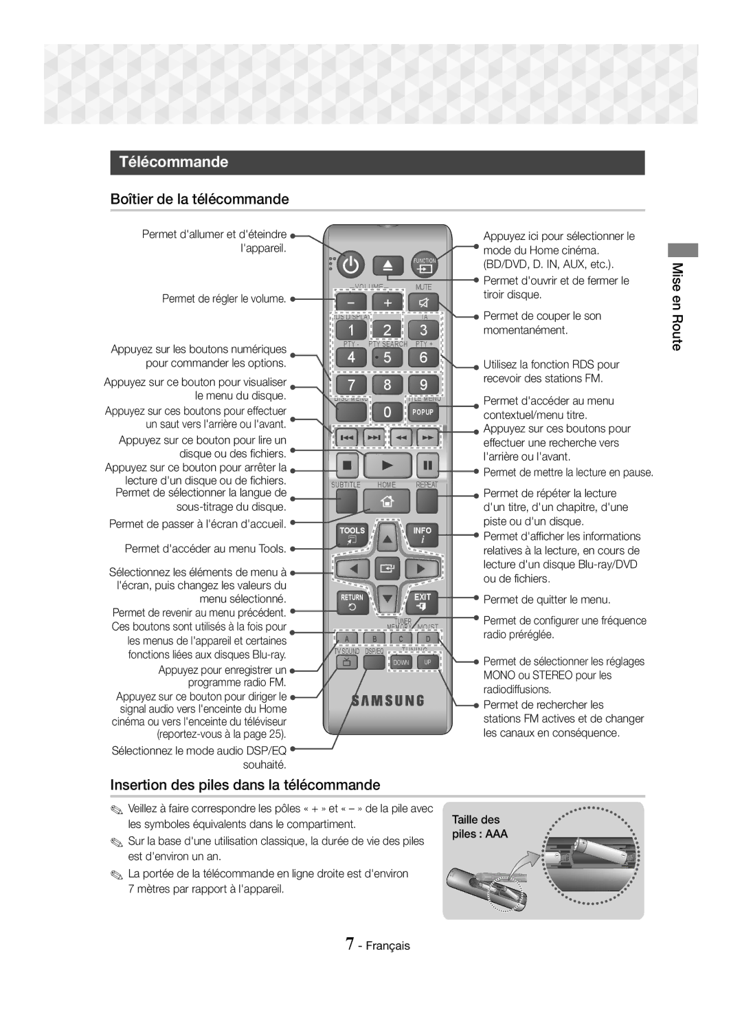 Samsung HT-J5150/EN, HT-J5150/TK manual Télécommande, Boîtier de la télécommande, Insertion des piles dans la télécommande 