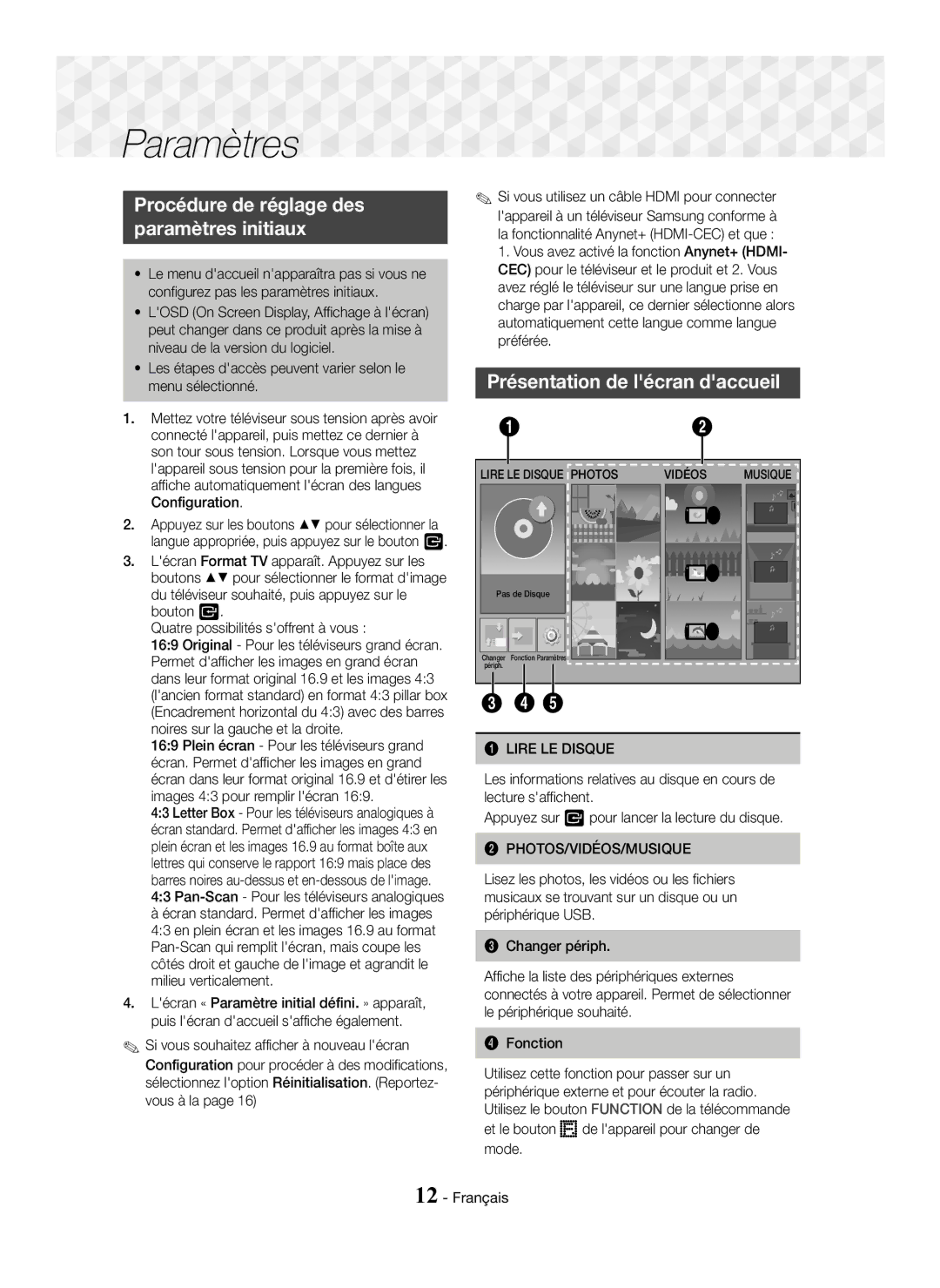 Samsung HT-J5150/TK manual Procédure de réglage des Paramètres initiaux, Présentation de lécran daccueil, Lire LE Disque 