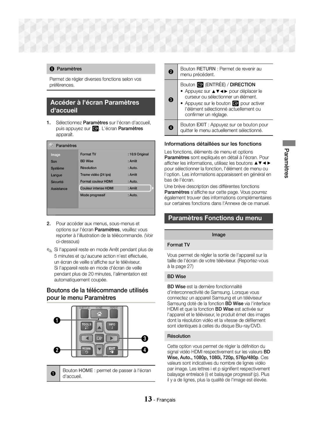 Samsung HT-J5150/EN, HT-J5150/TK, HT-J5150/ZF manual Accéder à lécran Paramètres Daccueil, Paramètres Fonctions du menu 