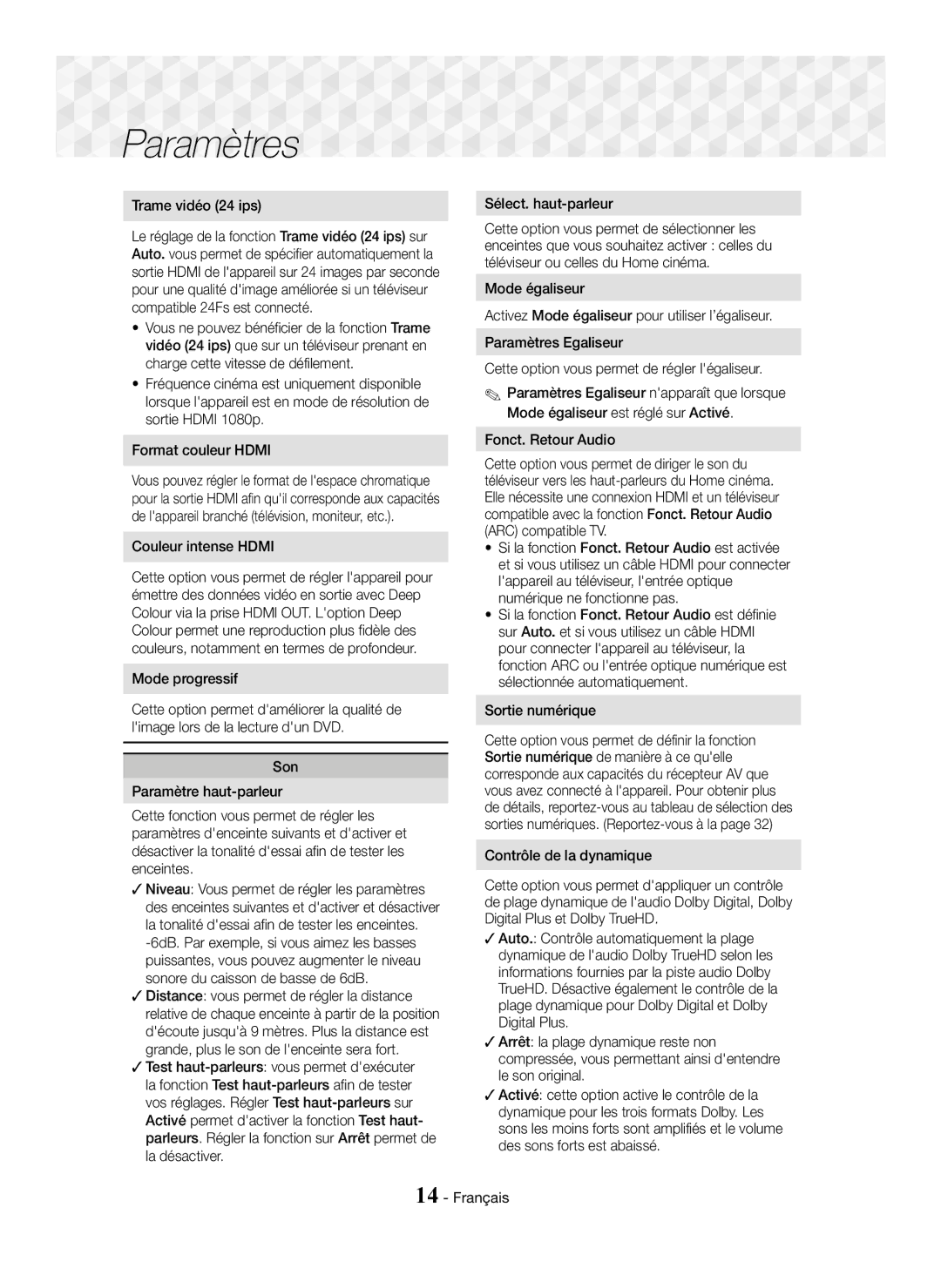 Samsung HT-J5150/ZF, HT-J5150/TK, HT-J5150/EN manual Paramètres 