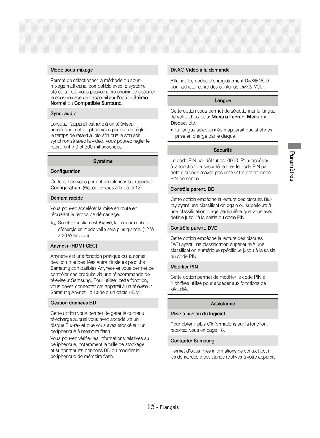 Samsung HT-J5150/TK, HT-J5150/EN Mode sous-mixage, Sync. audio, Système Configuration, Démarr. rapide, Gestion données BD 