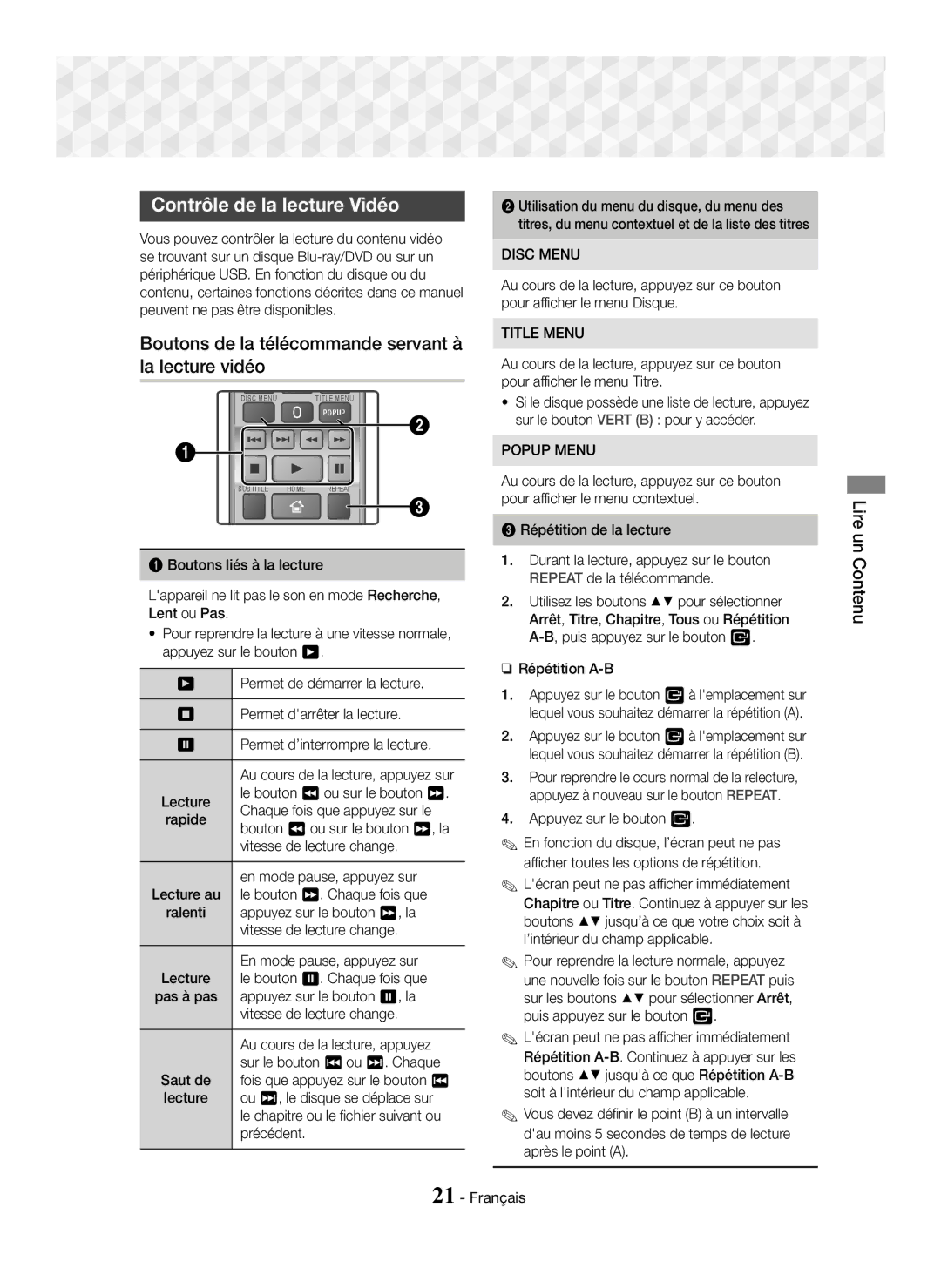 Samsung HT-J5150/TK, HT-J5150/EN manual Contrôle de la lecture Vidéo, Boutons de la télécommande servant à la lecture vidéo 