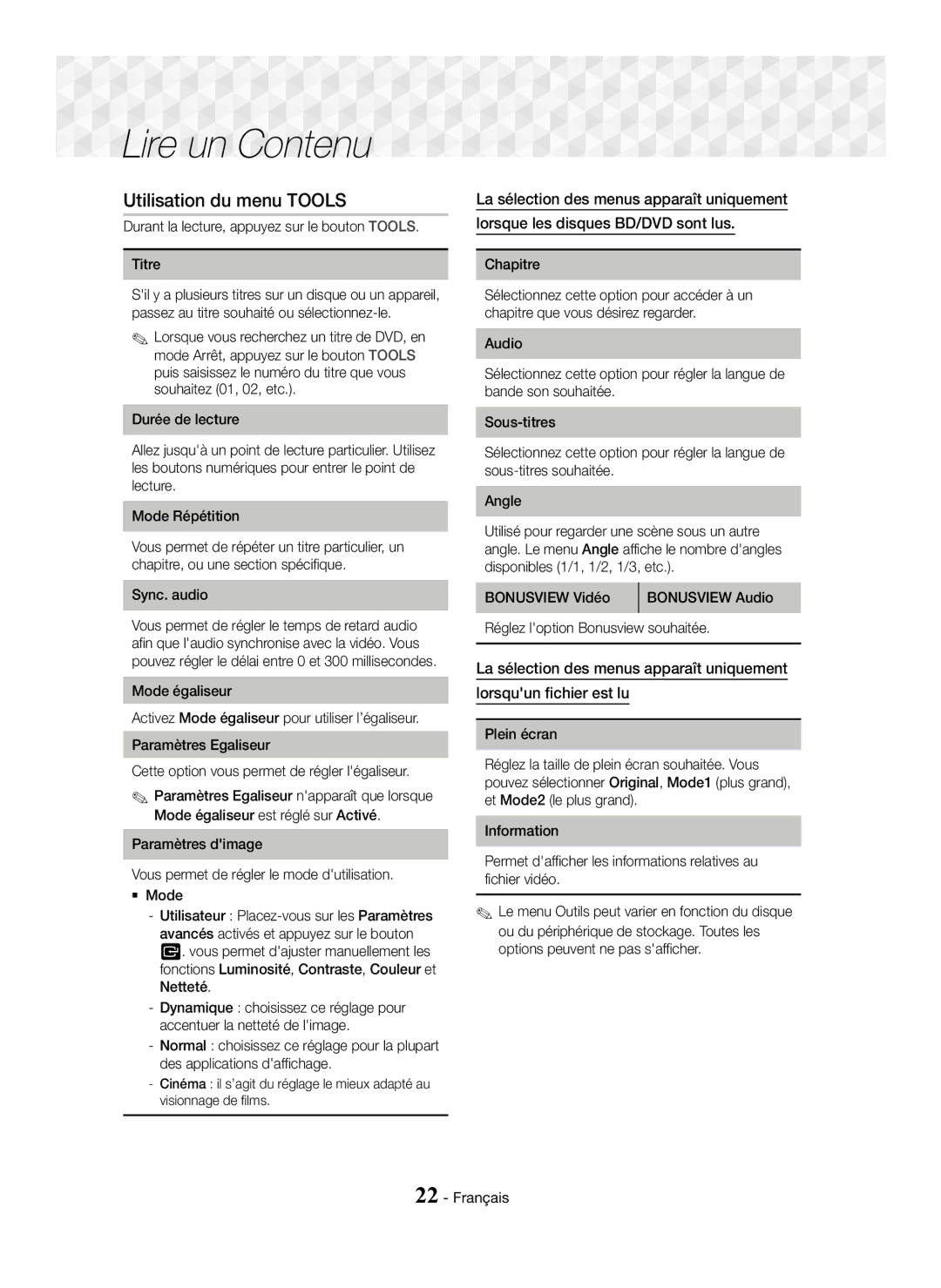 Samsung HT-J5150/EN, HT-J5150/TK, HT-J5150/ZF manual Lire un Contenu, Utilisation du menu Tools 