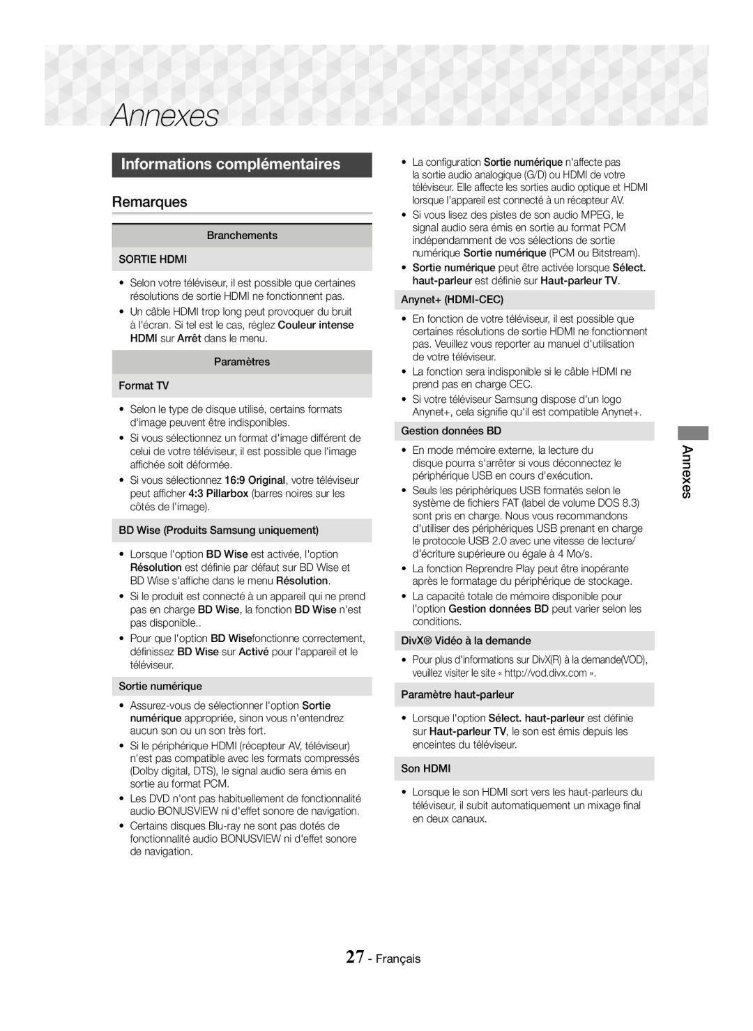 Samsung HT-J5150/TK, HT-J5150/EN, HT-J5150/ZF manual Informations complémentaires, Remarques, Annexes, Sortie Hdmi 