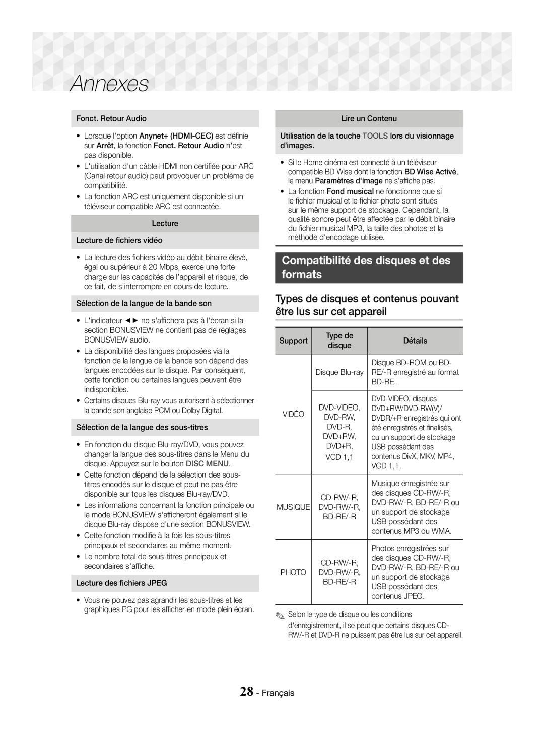 Samsung HT-J5150/EN, HT-J5150/TK, HT-J5150/ZF manual Compatibilité des disques et des Formats, Bd-Re 