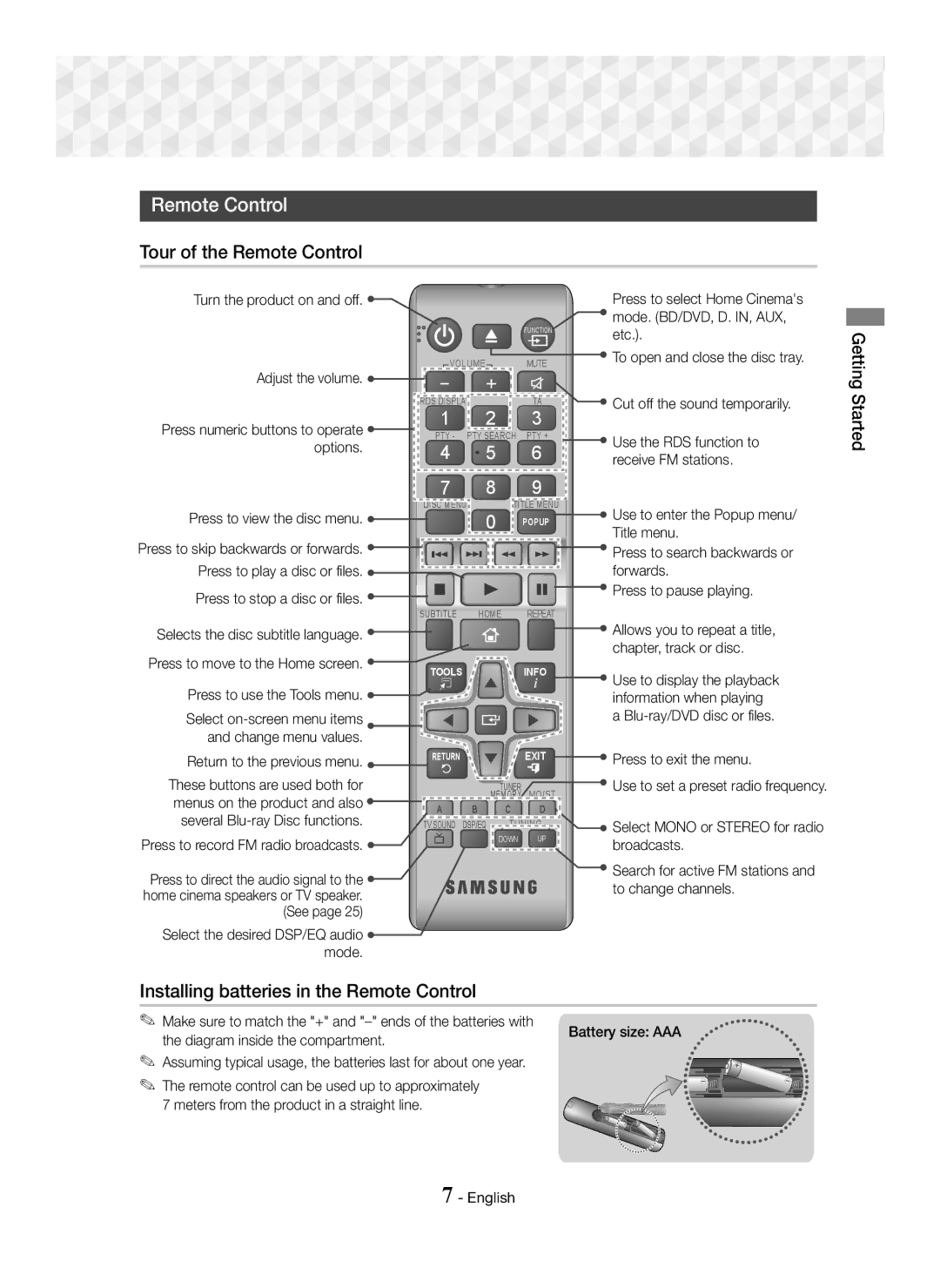 Samsung HT-J5150/EN, HT-J5150/TK, HT-J5150/ZF Tour of the Remote Control, Installing batteries in the Remote Control 