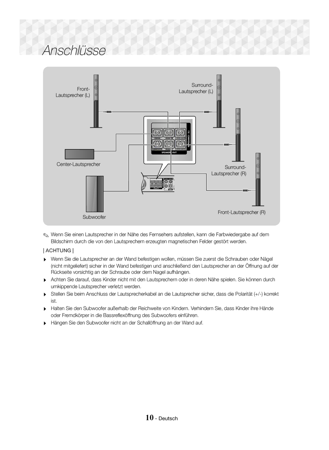 Samsung HT-J5150/TK, HT-J5150/EN, HT-J5150/ZF manual Surround Front-Lautsprecher L Center-Lautsprecher Subwoofer 