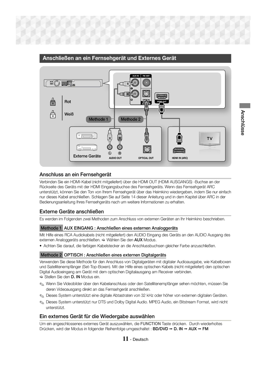 Samsung HT-J5150/EN, HT-J5150/TK manual Anschließen an ein Fernsehgerät und Externes Gerät, Anschluss an ein Fernsehgerät 