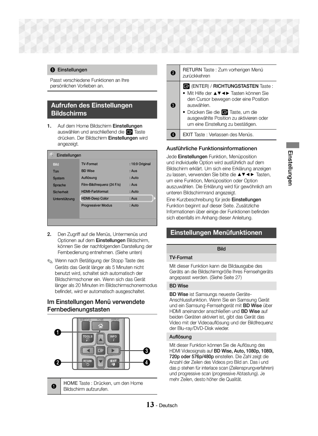 Samsung HT-J5150/TK manual Aufrufen des Einstellungen Bildschirms, Im Einstellungen Menü verwendete Fernbedienungstasten 