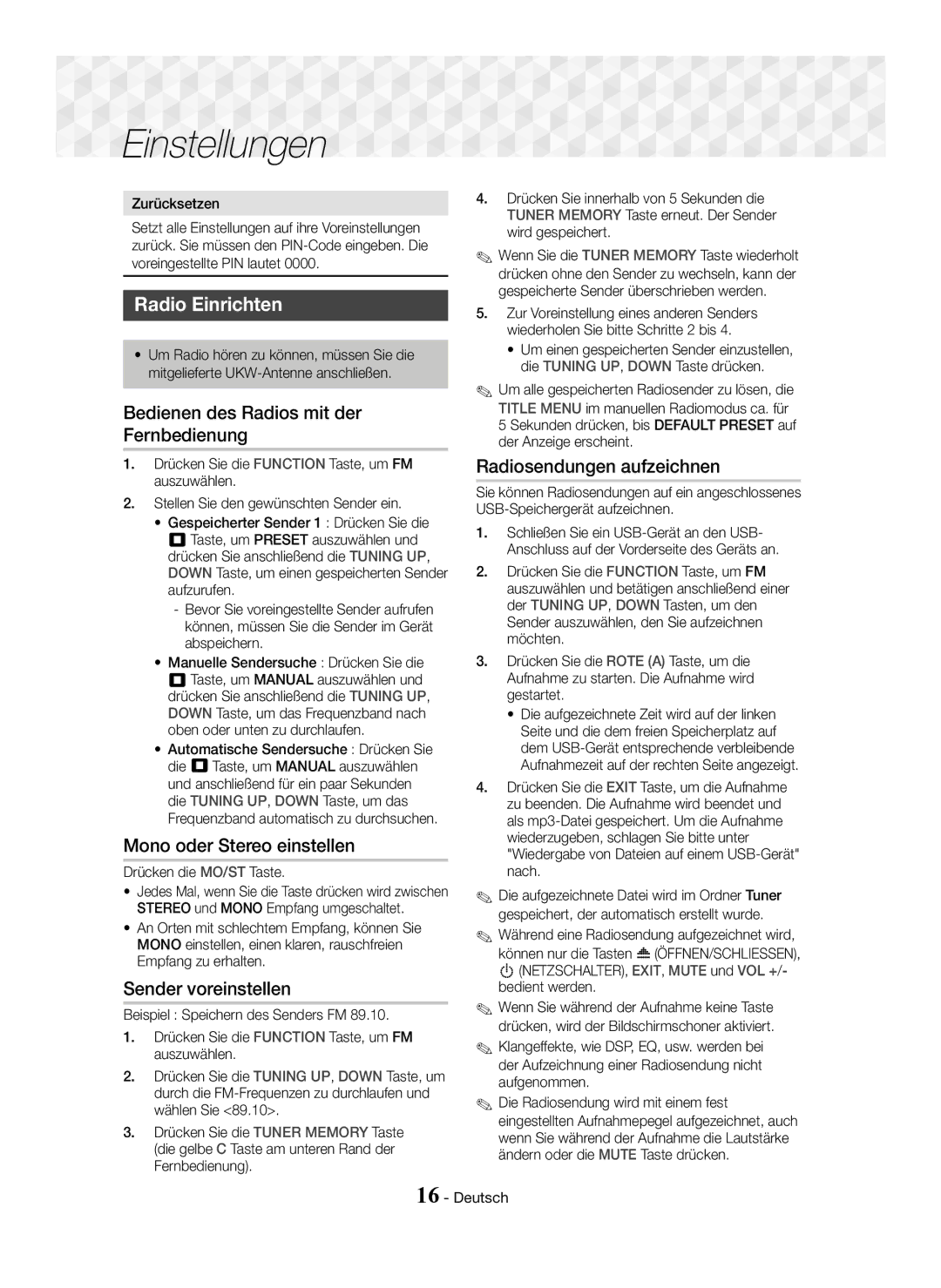 Samsung HT-J5150/TK, HT-J5150/EN Radio Einrichten, Bedienen des Radios mit der Fernbedienung, Mono oder Stereo einstellen 