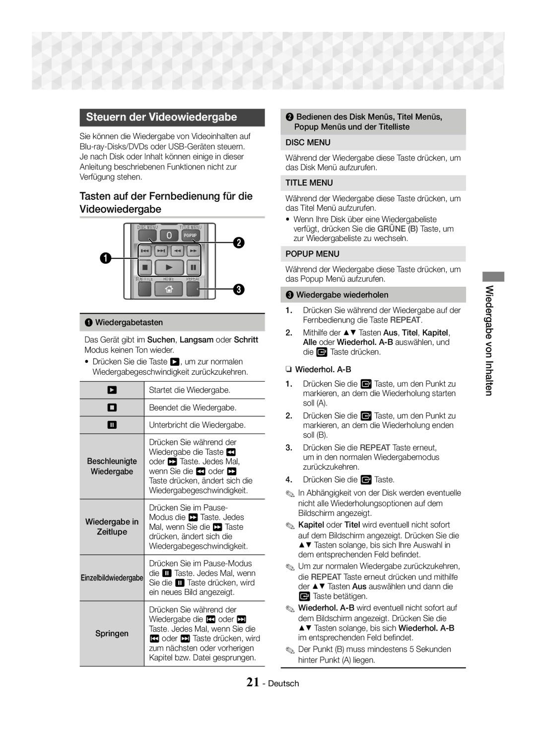 Samsung HT-J5150/ZF, HT-J5150/TK, HT-J5150/EN manual Steuern der Videowiedergabe, Tasten auf der Fernbedienung für die 