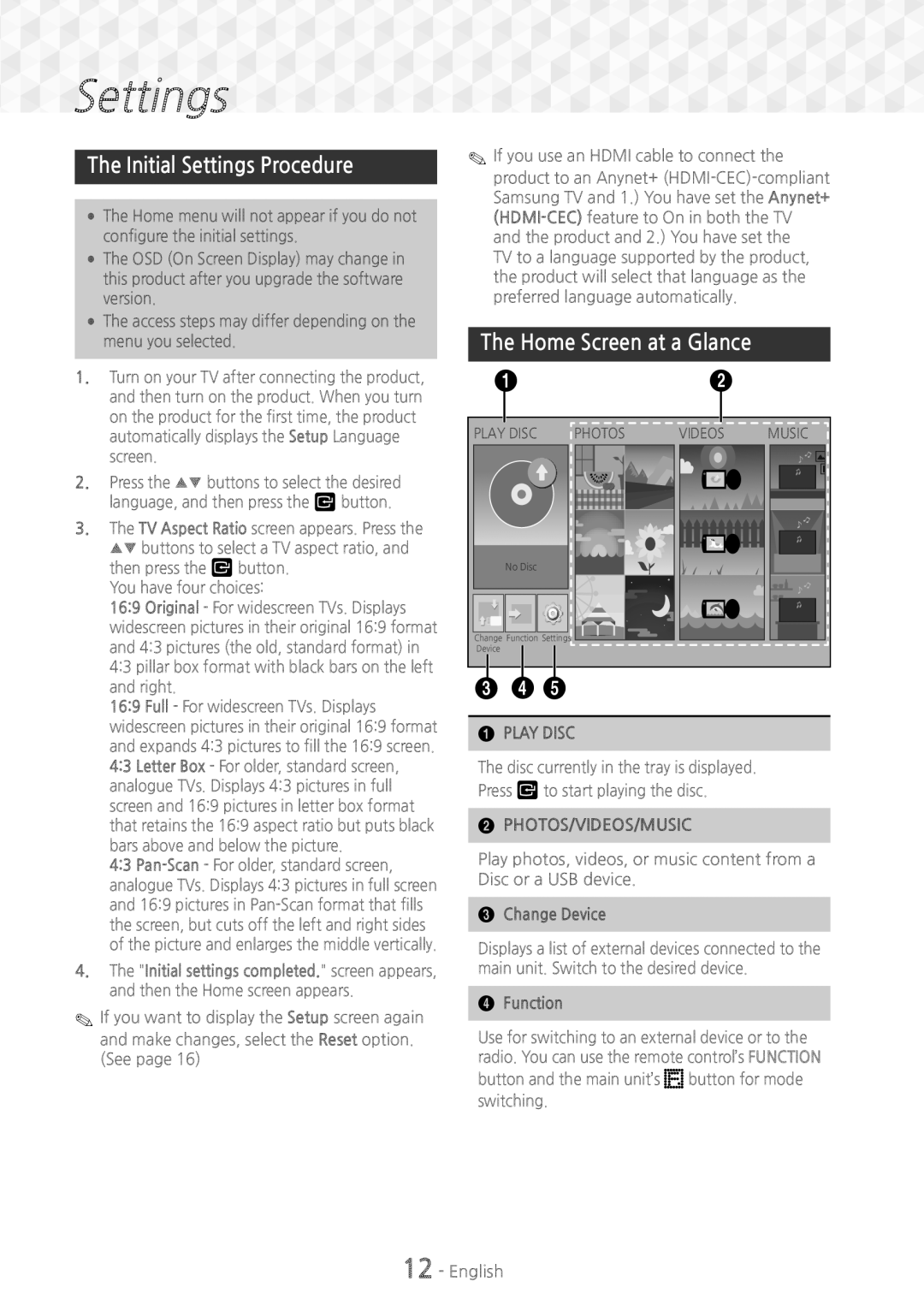 Samsung HT-J5150/TK, HT-J5150/EN manual Initial Settings Procedure, Home Screen at a Glance, Play Disc, Photos/Videos/Music 