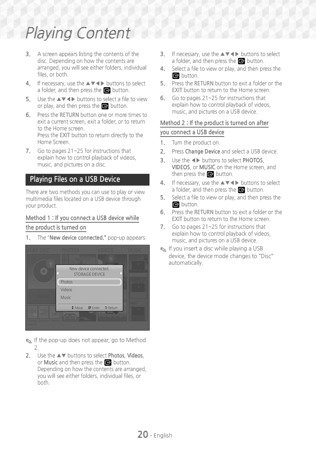 Samsung HT-J5150/ZF manual Playing Files on a USB Device, Product is turned on, Method 1 If you connect a USB device while 