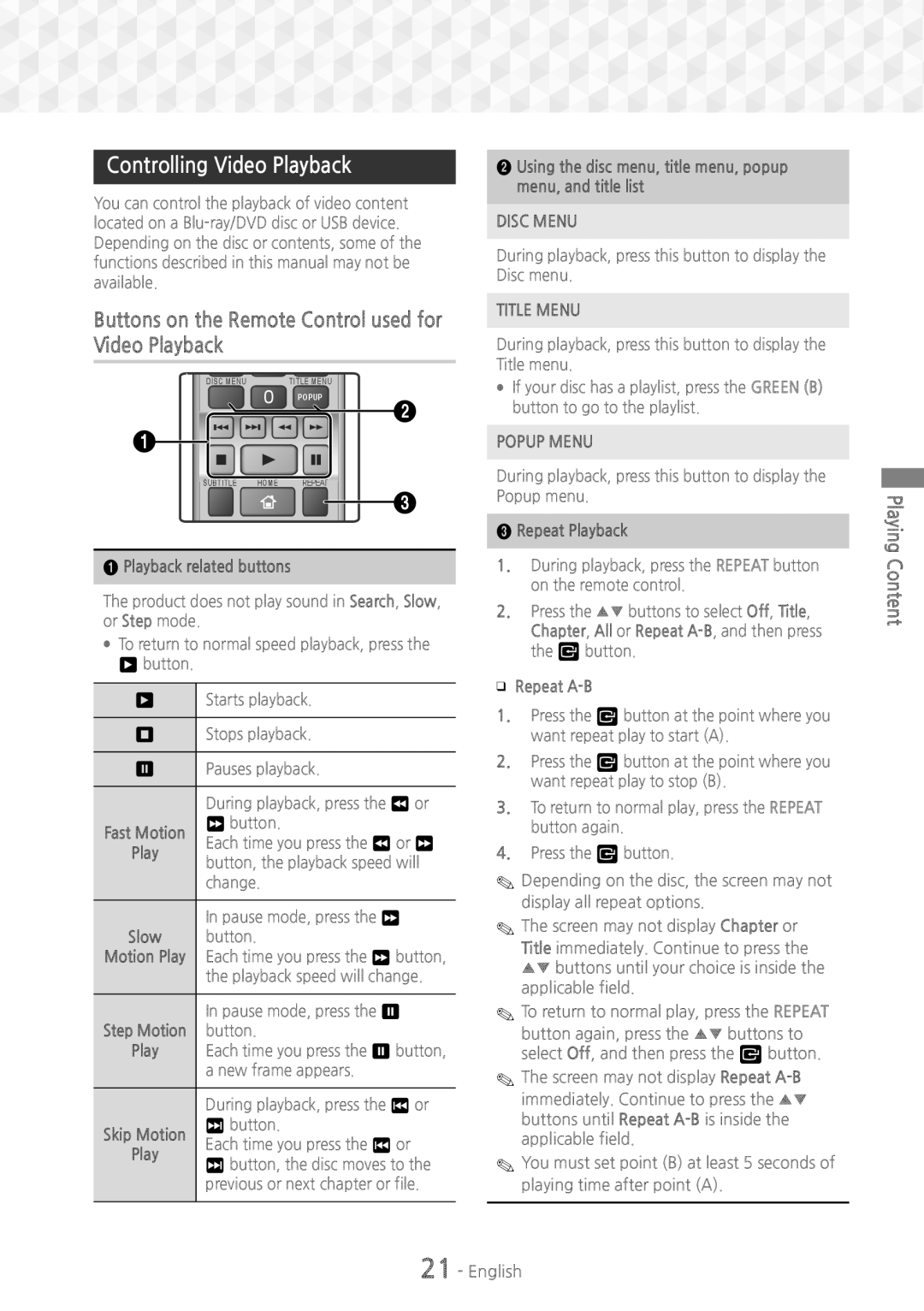 Samsung HT-J5150/TK manual Controlling Video Playback, Buttons on the Remote Control used for Video Playback, Disc Menu 