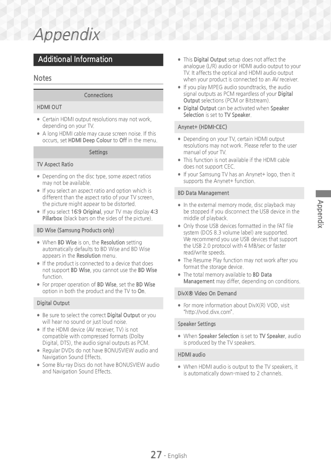 Samsung HT-J5150/TK, HT-J5150/EN, HT-J5150/ZF manual Additional Information 